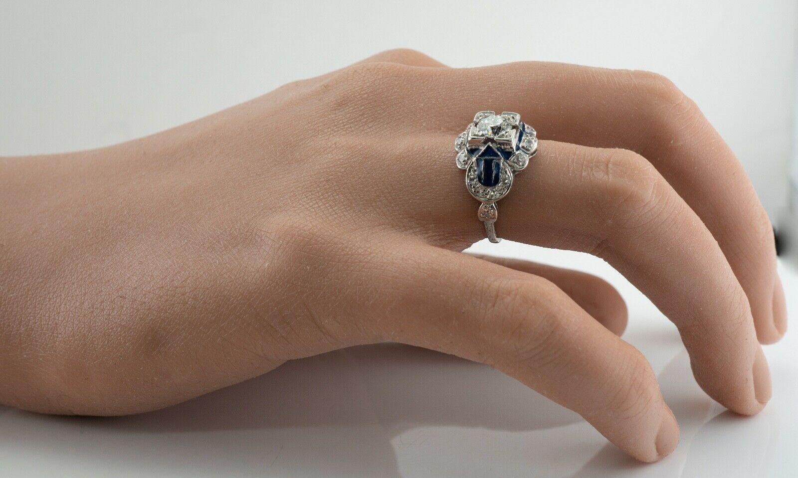 Old European Diamond Ring Blue Enamel 14K White Gold For Sale 6