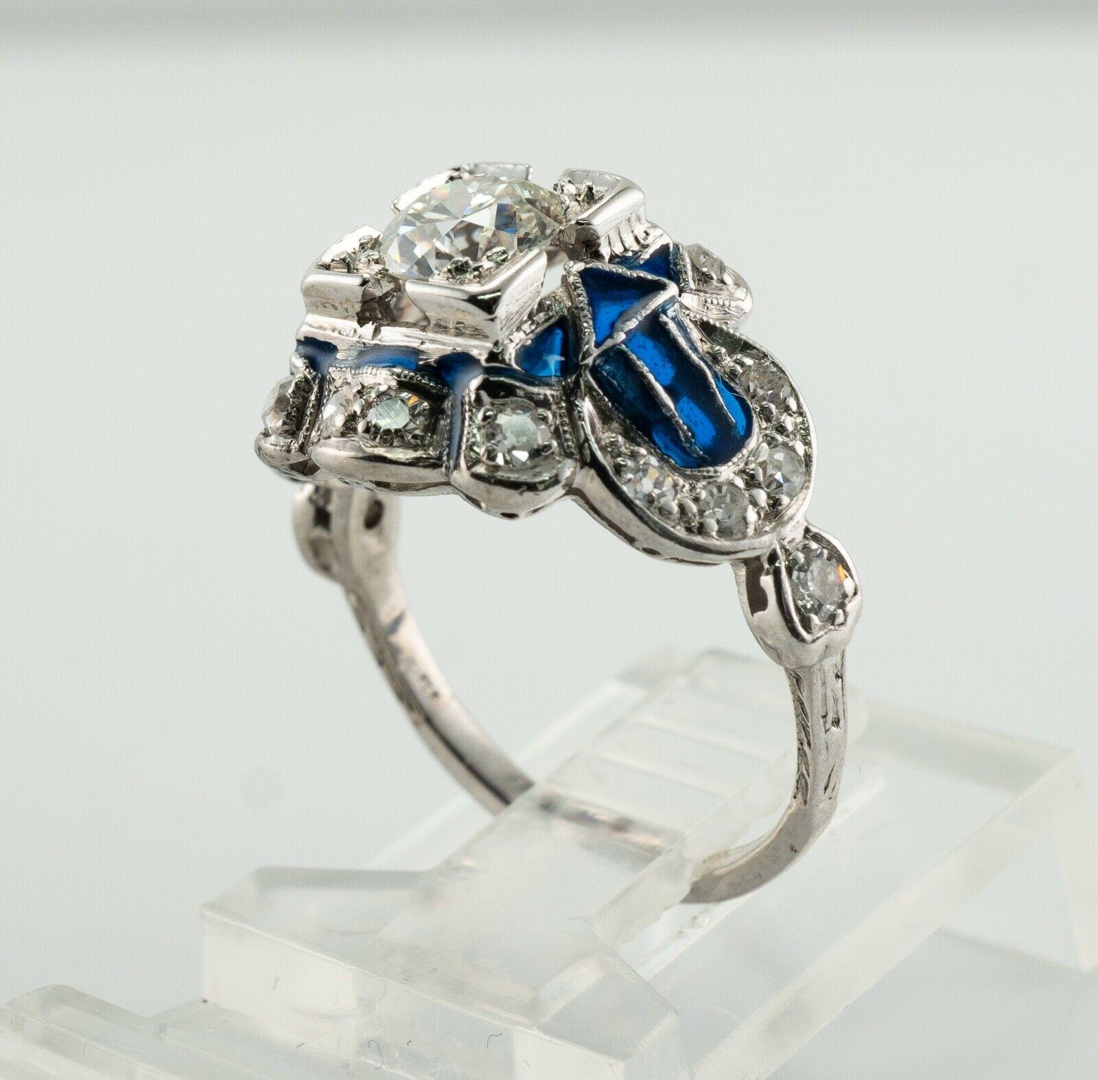 Old European Diamond Ring Blue Enamel 14K White Gold For Sale 7