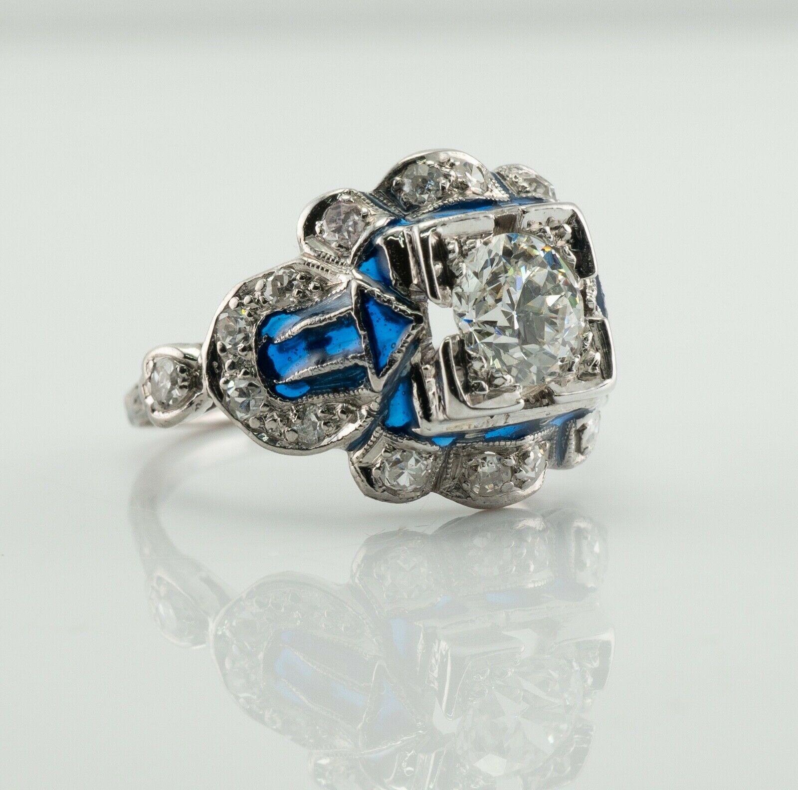 Old European Cut Old European Diamond Ring Blue Enamel 14K White Gold For Sale