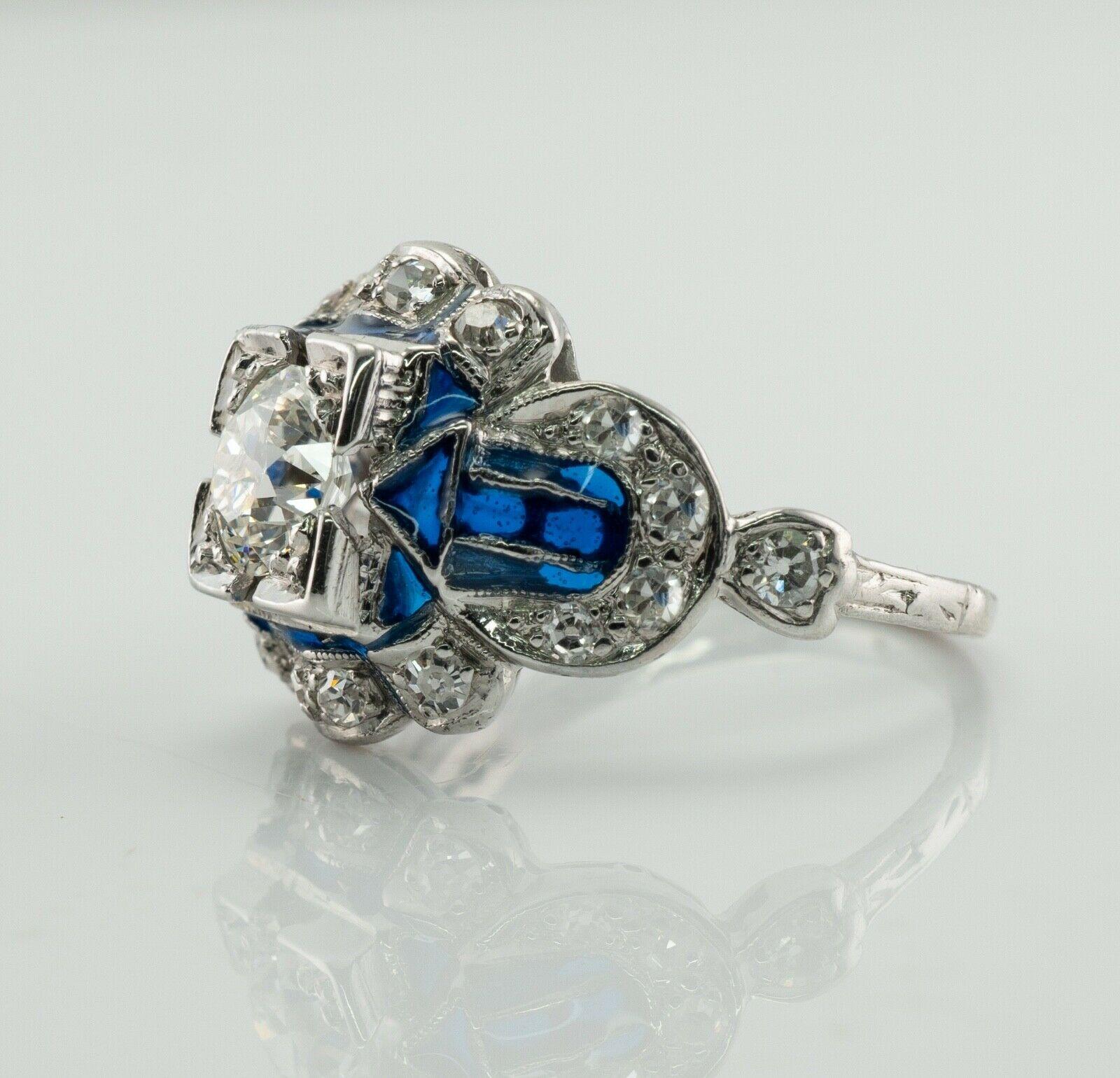 Old European Diamond Ring Blue Enamel 14K White Gold In Good Condition For Sale In East Brunswick, NJ