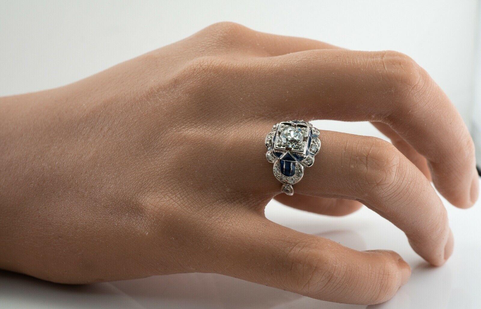 Women's Old European Diamond Ring Blue Enamel 14K White Gold For Sale