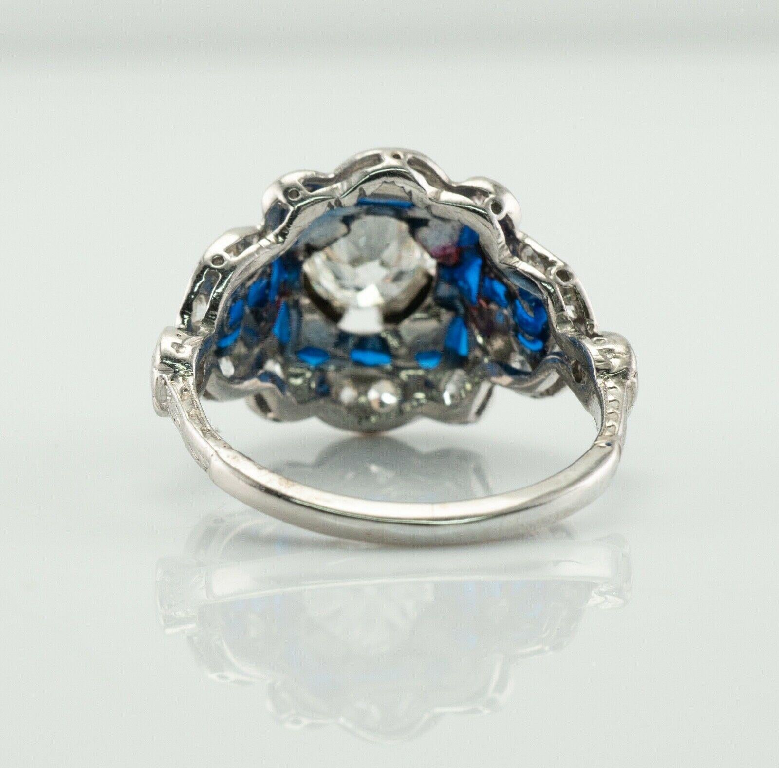 Old European Diamond Ring Blue Enamel 14K White Gold For Sale 2