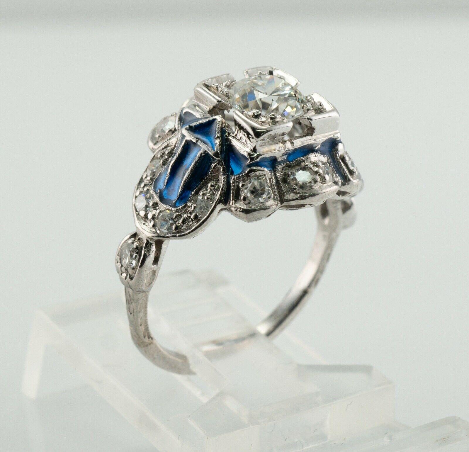 Old European Diamond Ring Blue Enamel 14K White Gold For Sale 3