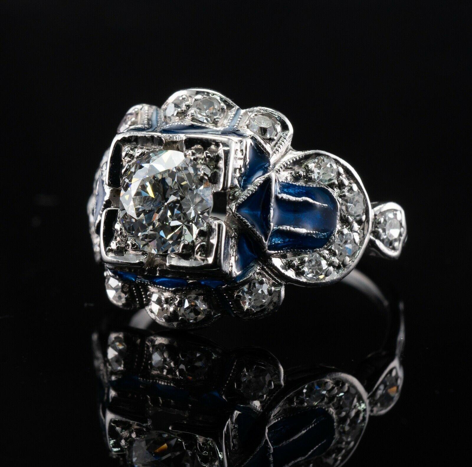 Old European Diamond Ring Blue Enamel 14K White Gold For Sale 4