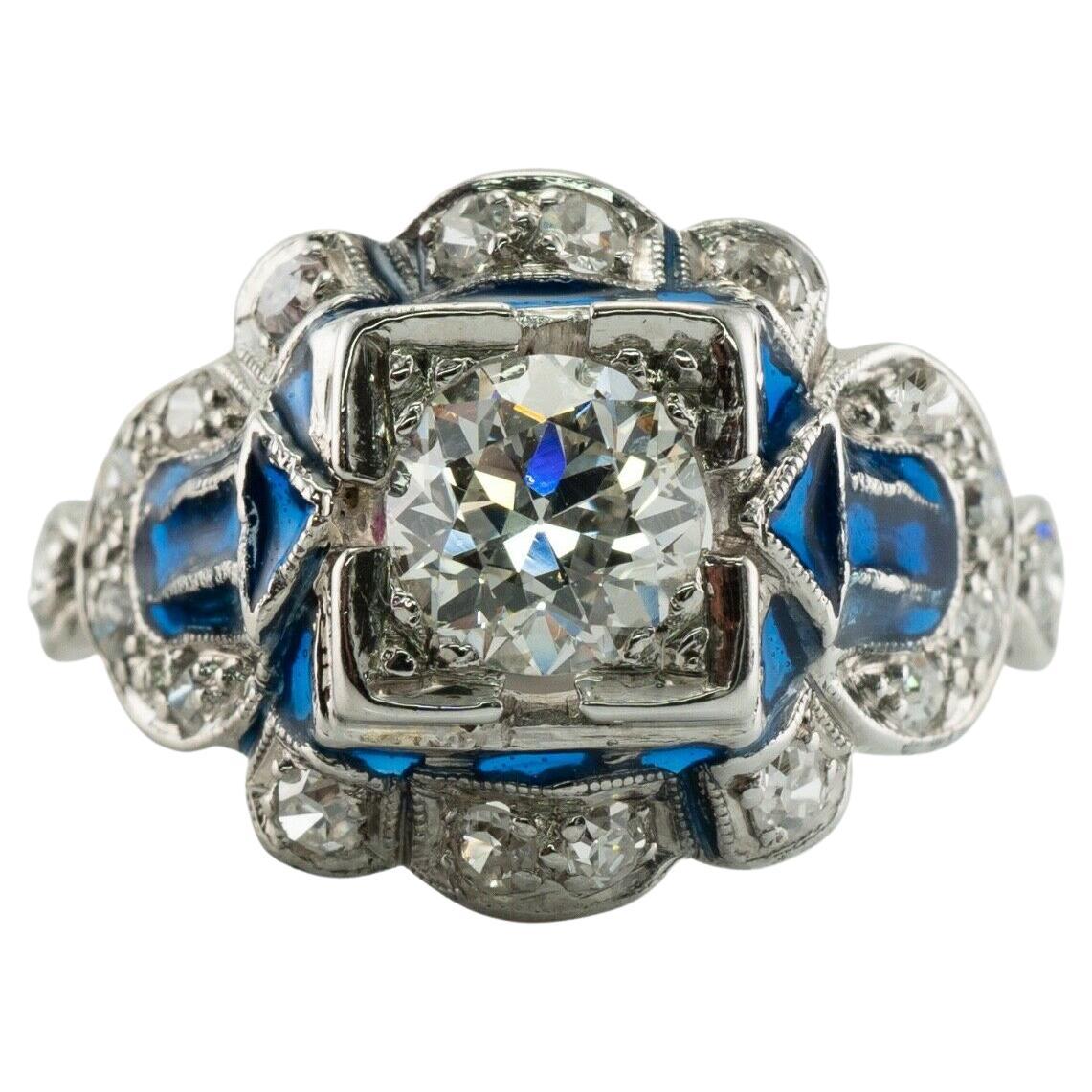 Old European Diamond Ring Blue Enamel 14K White Gold For Sale