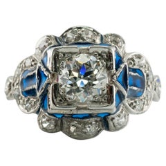 Ancienne bague européenne en or blanc 14 carats avec diamants et émail bleu