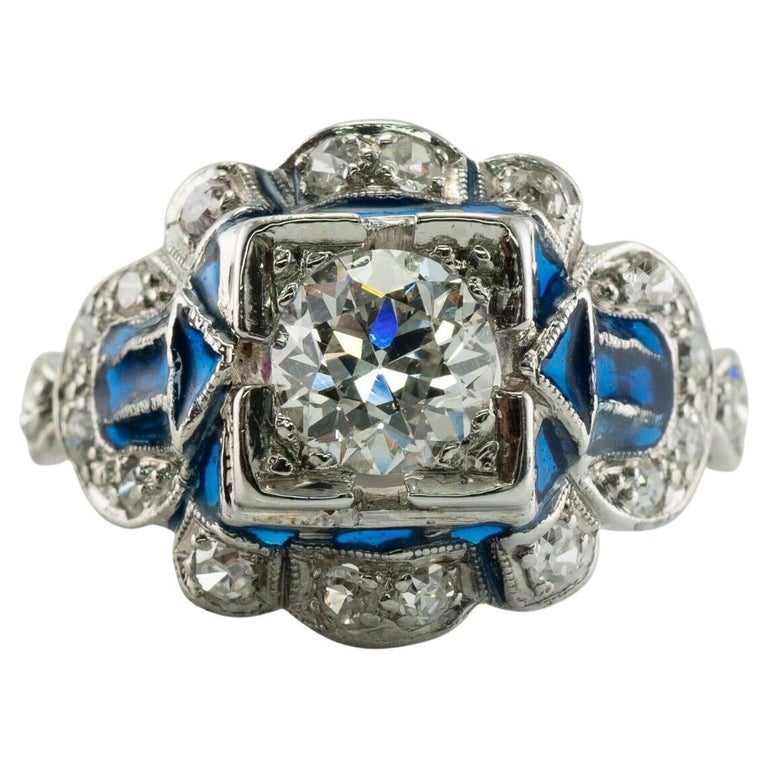 Old European Diamond Ring Blue Enamel 14K White Gold For Sale at 1stDibs