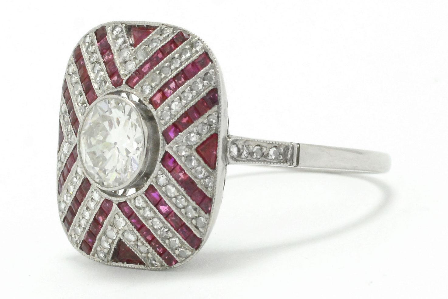Old European Diamond & Ruby Engagement Ring Cocktail Ring Art Deco Style Stripes In Good Condition In Santa Barbara, CA