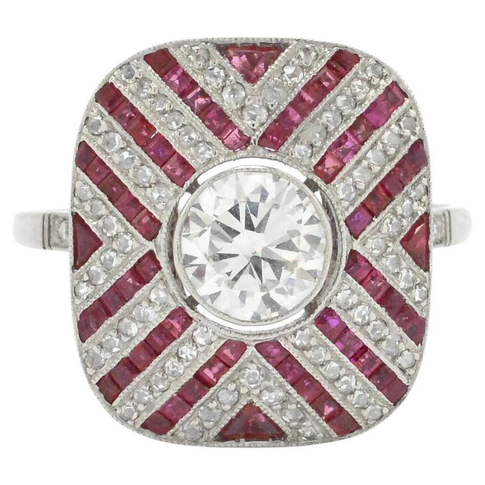 Old European Diamond & Ruby Engagement Ring Cocktail Ring Art Deco Style Stripes