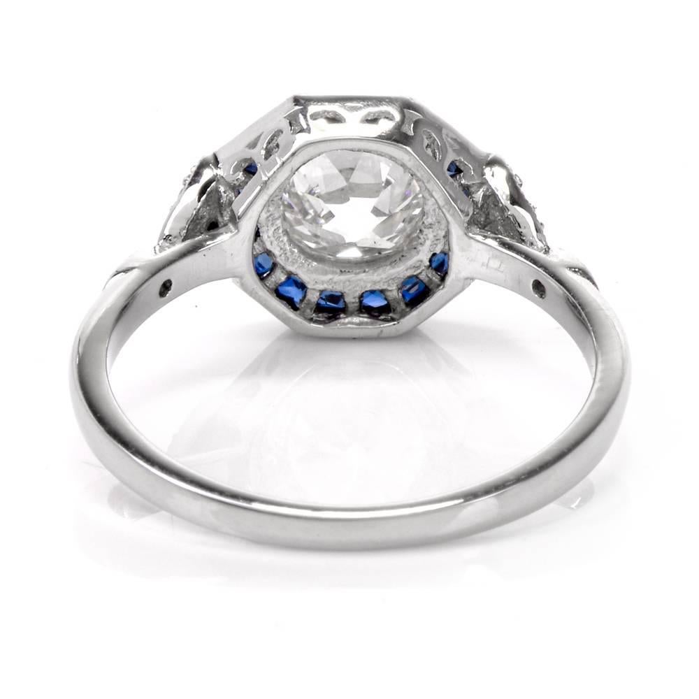 Art Deco Old European Diamond Sapphire Platinum Engagement Ring