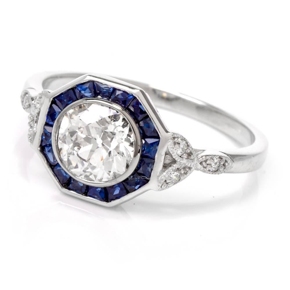 Old European Cut Old European Diamond Sapphire Platinum Engagement Ring