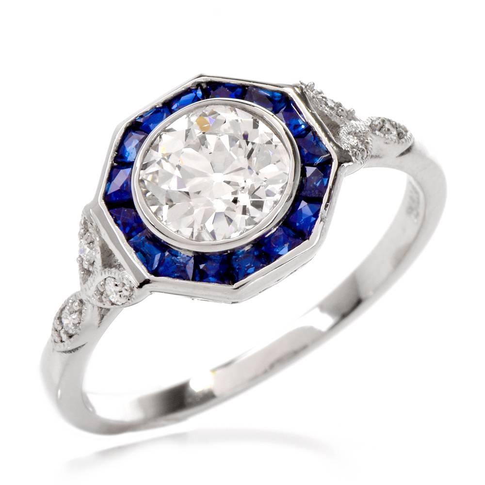 Old European Diamond Sapphire Platinum Engagement Ring In Excellent Condition In Miami, FL