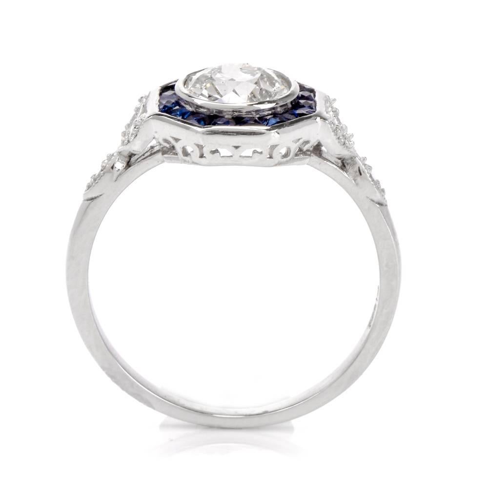 Women's Old European Diamond Sapphire Platinum Engagement Ring
