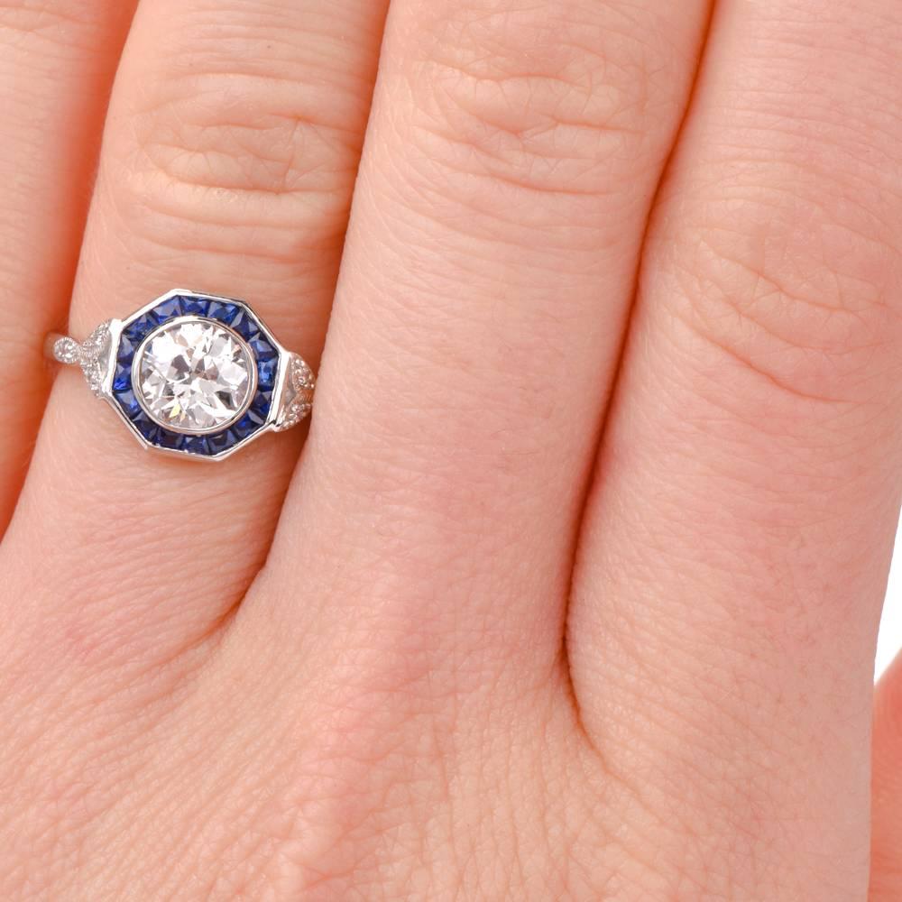 Old European Diamond Sapphire Platinum Engagement Ring 1
