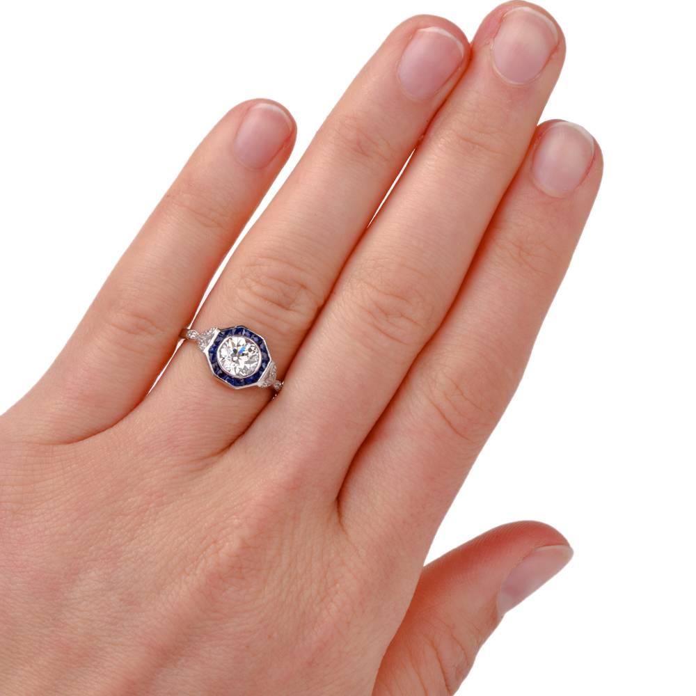 Old European Diamond Sapphire Platinum Engagement Ring 2