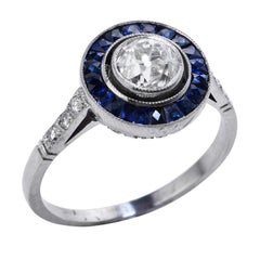 Retro Old European Diamond Sapphire Platinum Engagement Ring