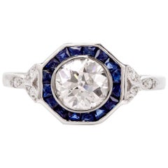 Old European Diamond Sapphire Platinum Engagement Ring