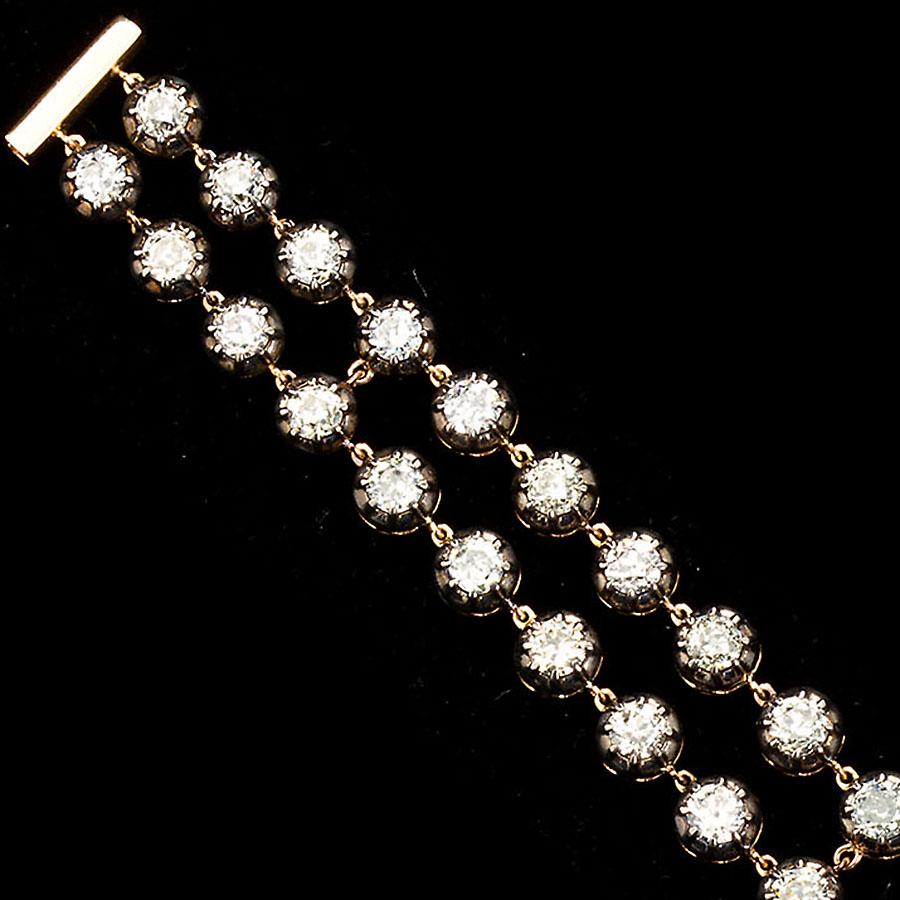 Altes europäisches Diamant-Silber-on-Gold-Tennisarmband mit zwei Strängen 20 Karat (Rundschliff) im Angebot