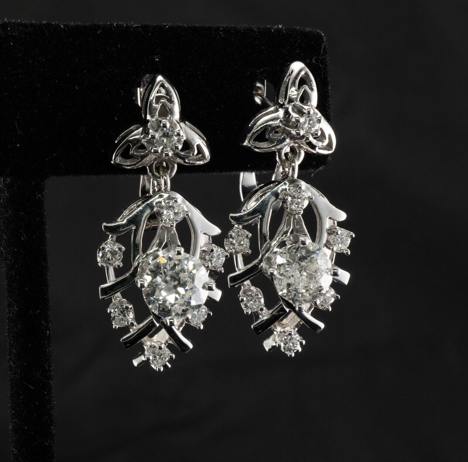 Taille vieille Europe Boucles d'oreilles composées de diamants européens anciens Or blanc 14K Dangle floral 2.36 TDW en vente