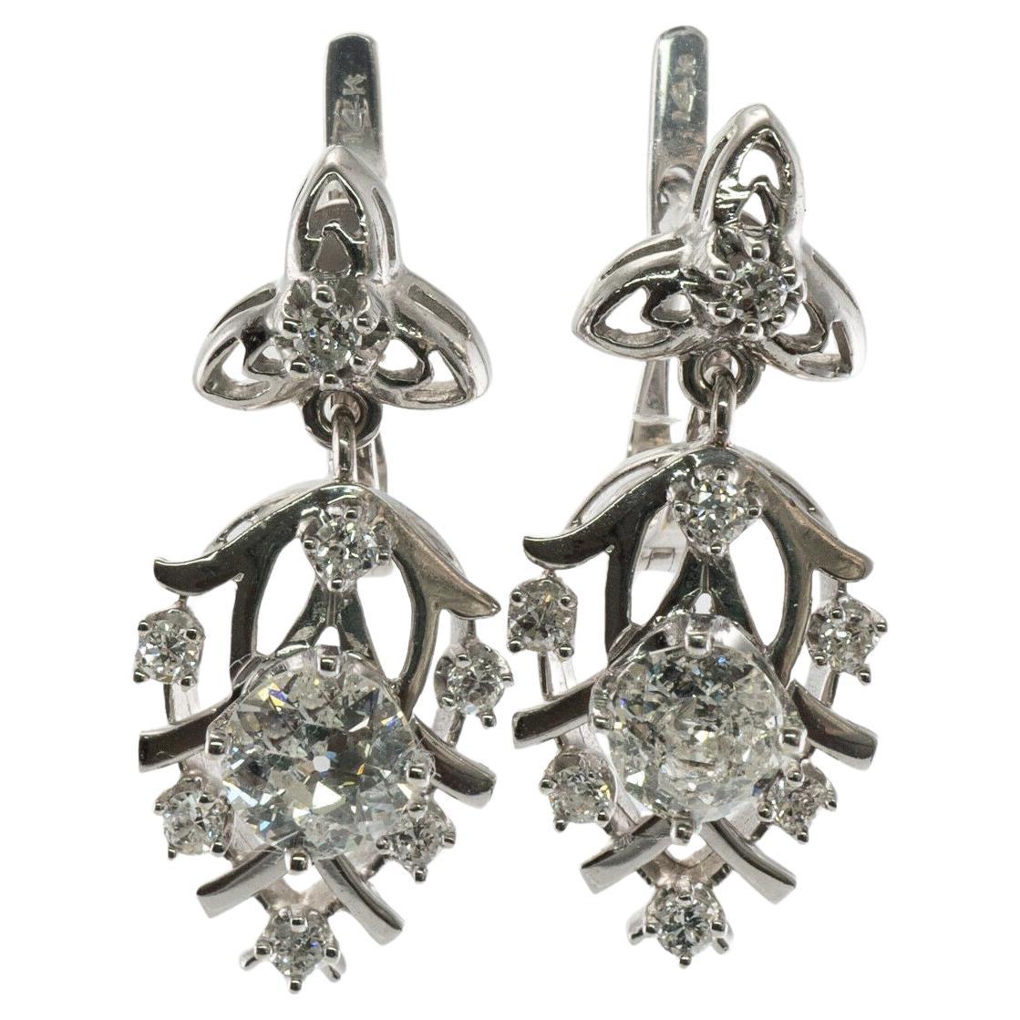 Old European Diamonds Earrings 14K White Gold Floral Dangle 2.36 TDW