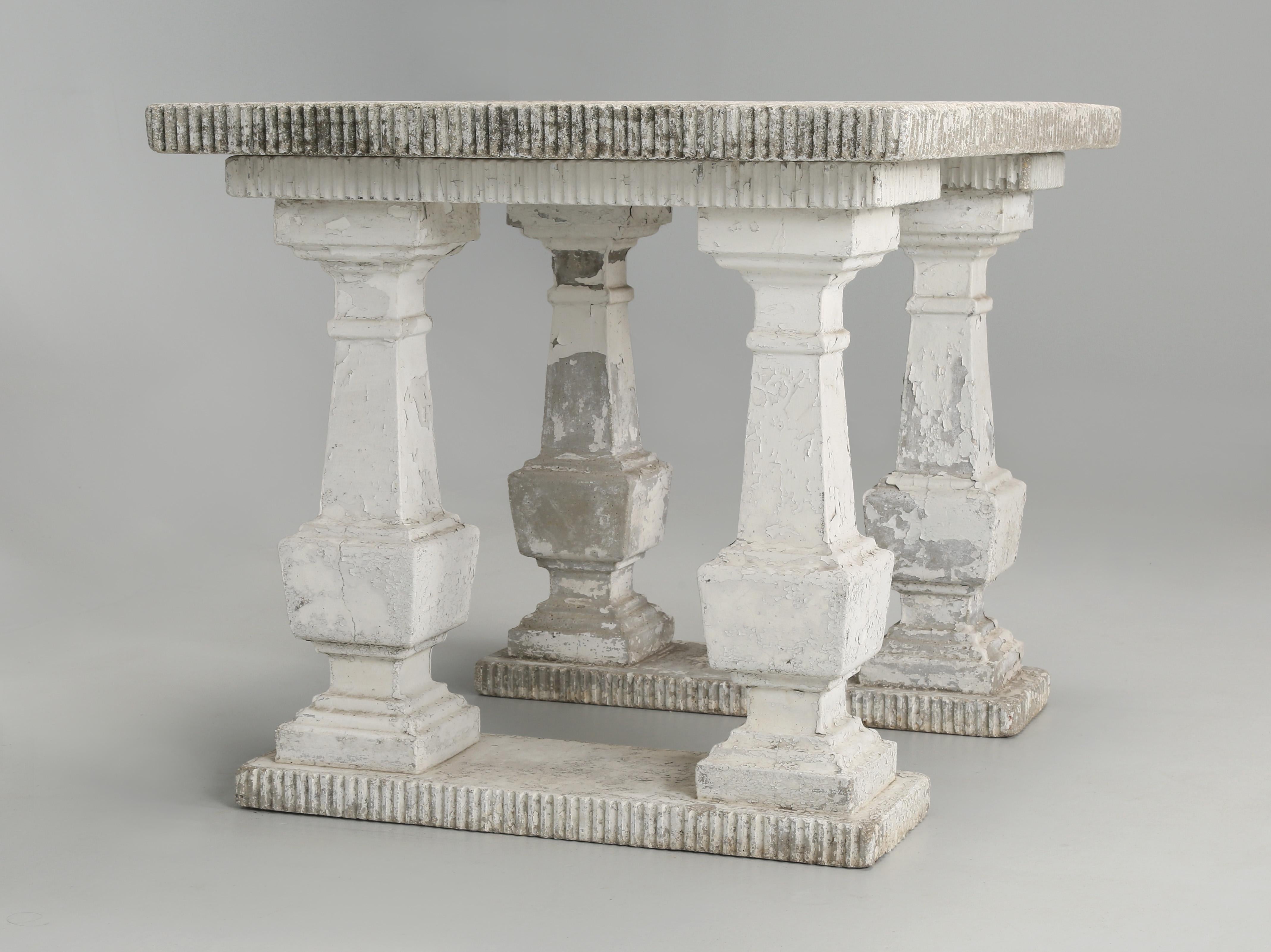 Country Old European Fluted Concrete Outdoor or Indoor Table on Four Column Pedestals  For Sale