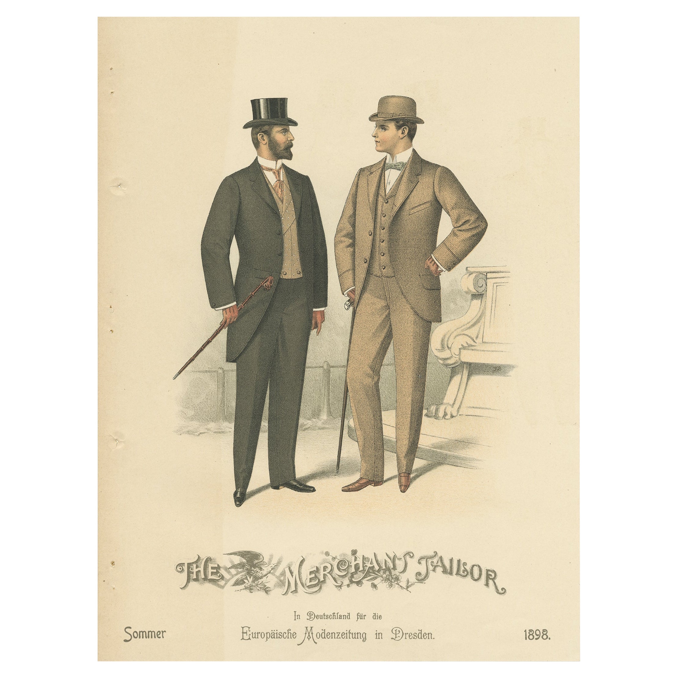 Stampa antica di uomini che illustrano le tendenze della moda dell'estate del 1898 in vendita
