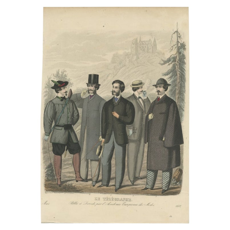 Stampa antica di vari uomini che illustrano le tendenze della moda del maggio 1862