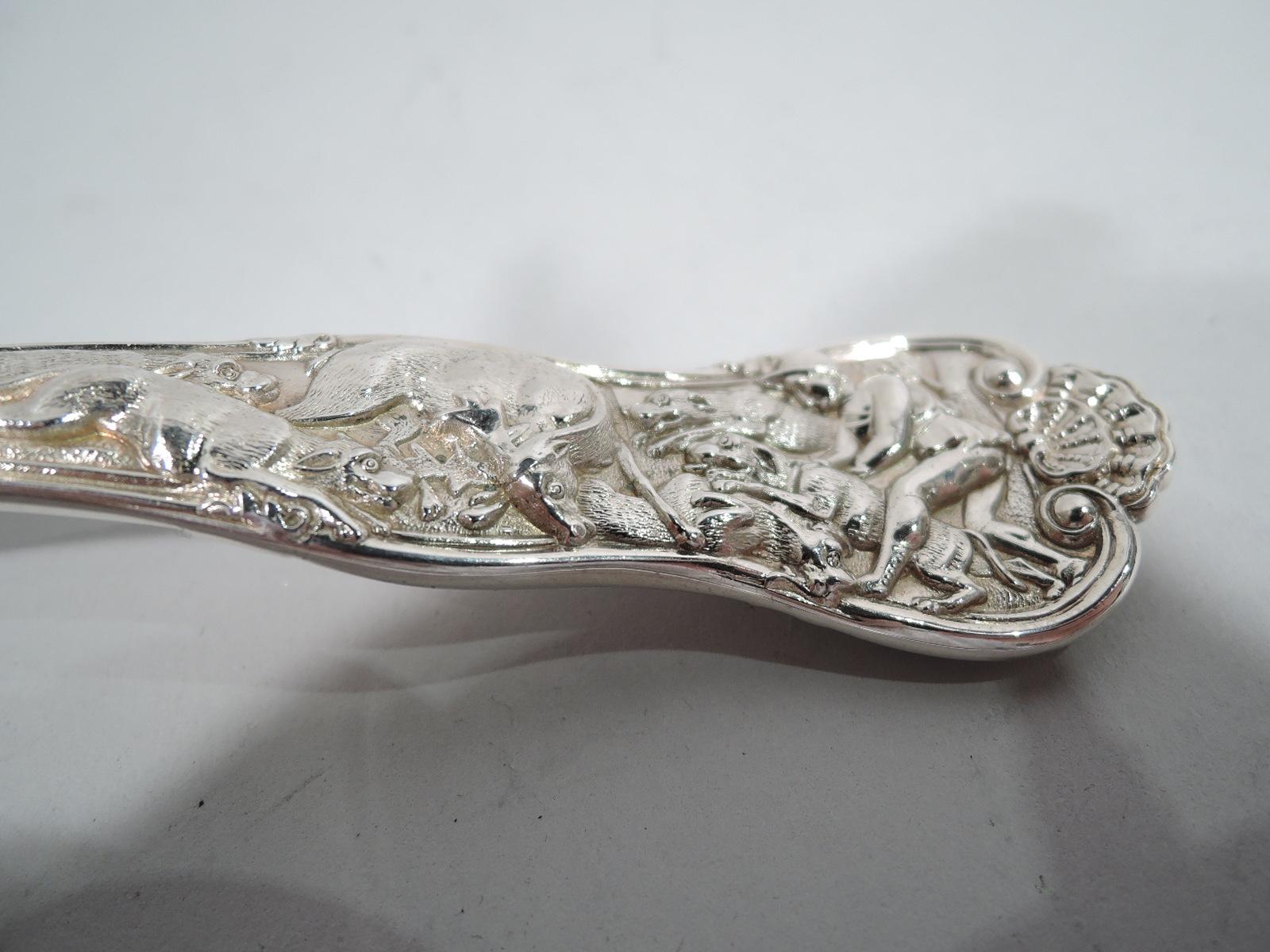 Victorian Old Fashioned English Sterling Silver Shell Ladle with Stag Hunt