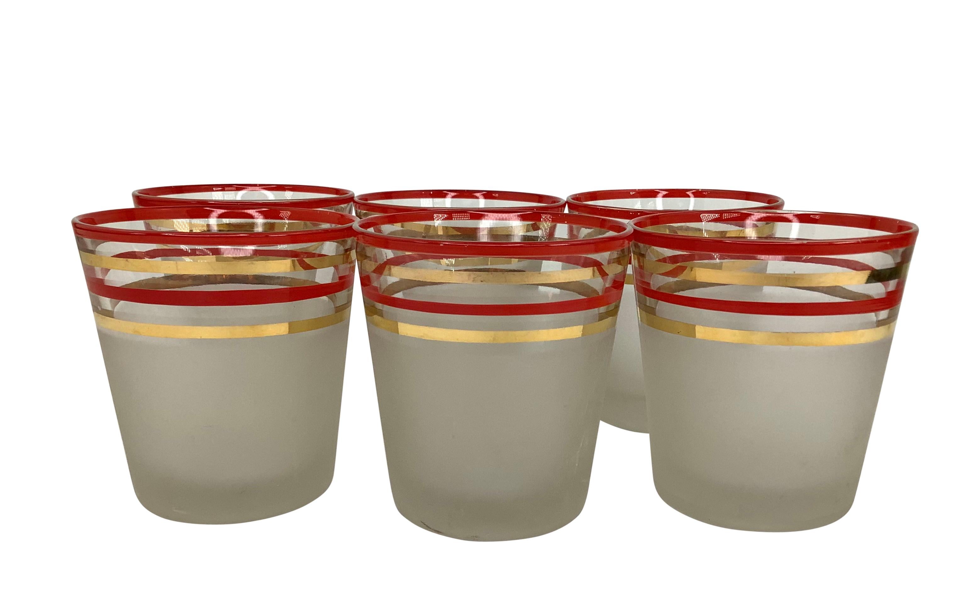  Set of 6 Old Fashioned Frosted Rocks Cocktail Glasses. The bottom two-thirds of each glass is frosted glass with red and gold bands on clear glass at the top. Glasses measure 3 1/4