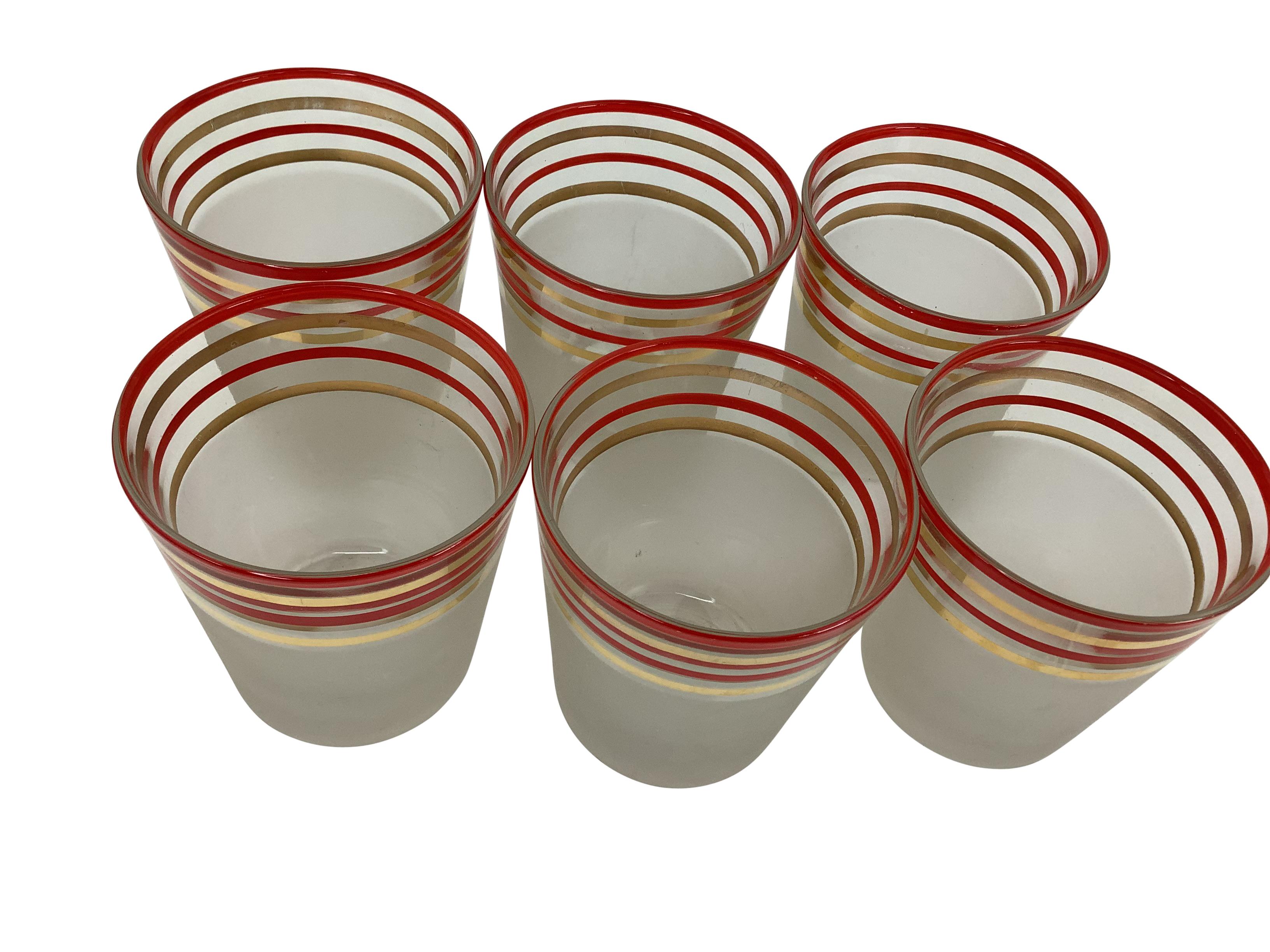 Mid-Century Modern Old Fashioned Rocks Frosted Cocktail Glasses With Red and Gold Bands - Set of 6 For Sale