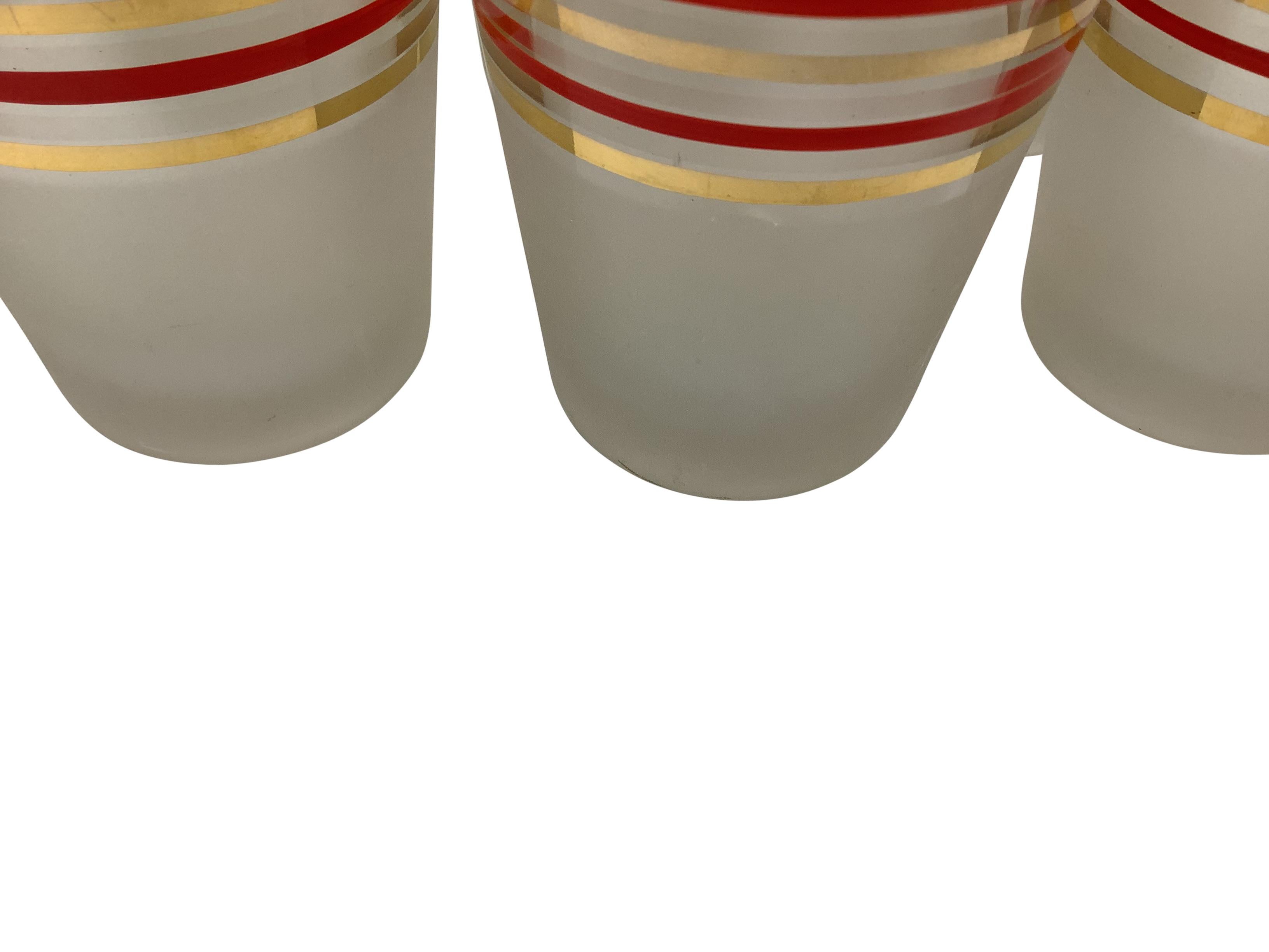 American Old Fashioned Rocks Frosted Cocktail Glasses With Red and Gold Bands - Set of 6 For Sale