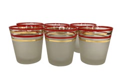 Vintage Old Fashioned Rocks Frosted Cocktail Glasses With Red and Gold Bands - Set of 6