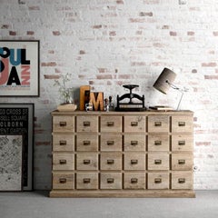 Aparador de 24 cajones de abeto viejo con tiradores retro de metal, Made in Italy
