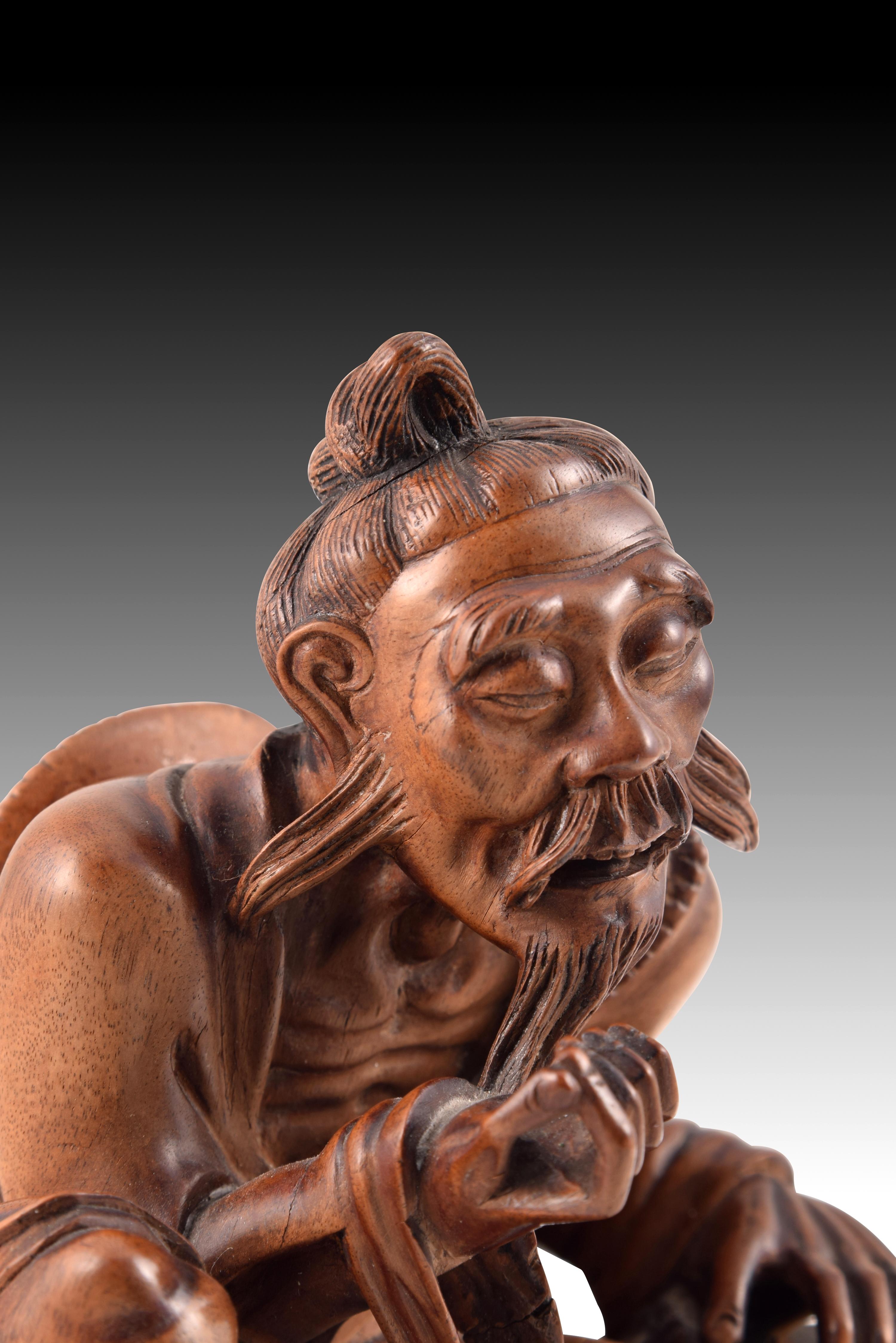 Asiatique Ancien pêcheur, sculpture orientale, bois, XXe siècle  en vente