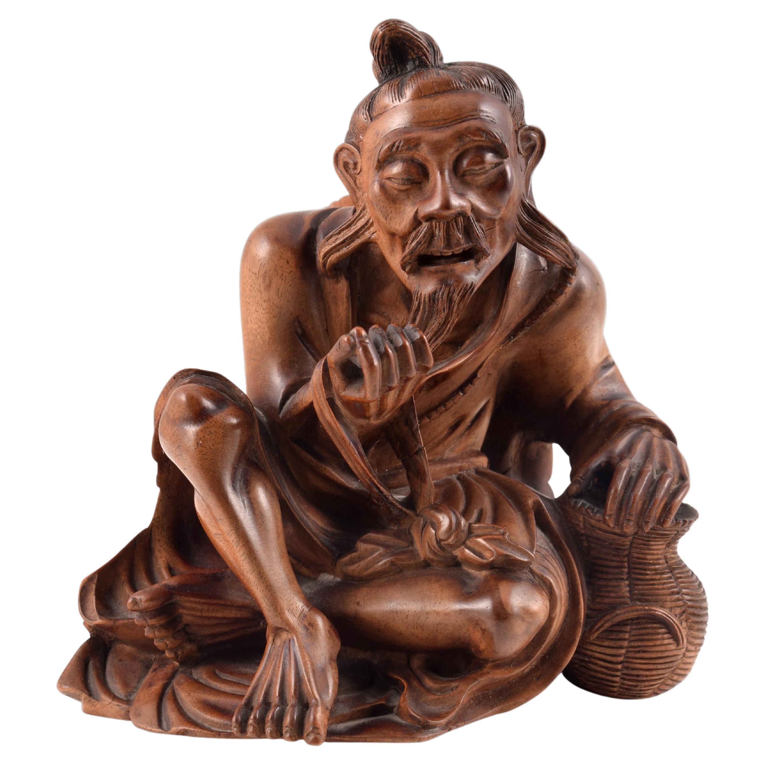 Old Fisherman, Oriental Carving, Wood, 20th Century 