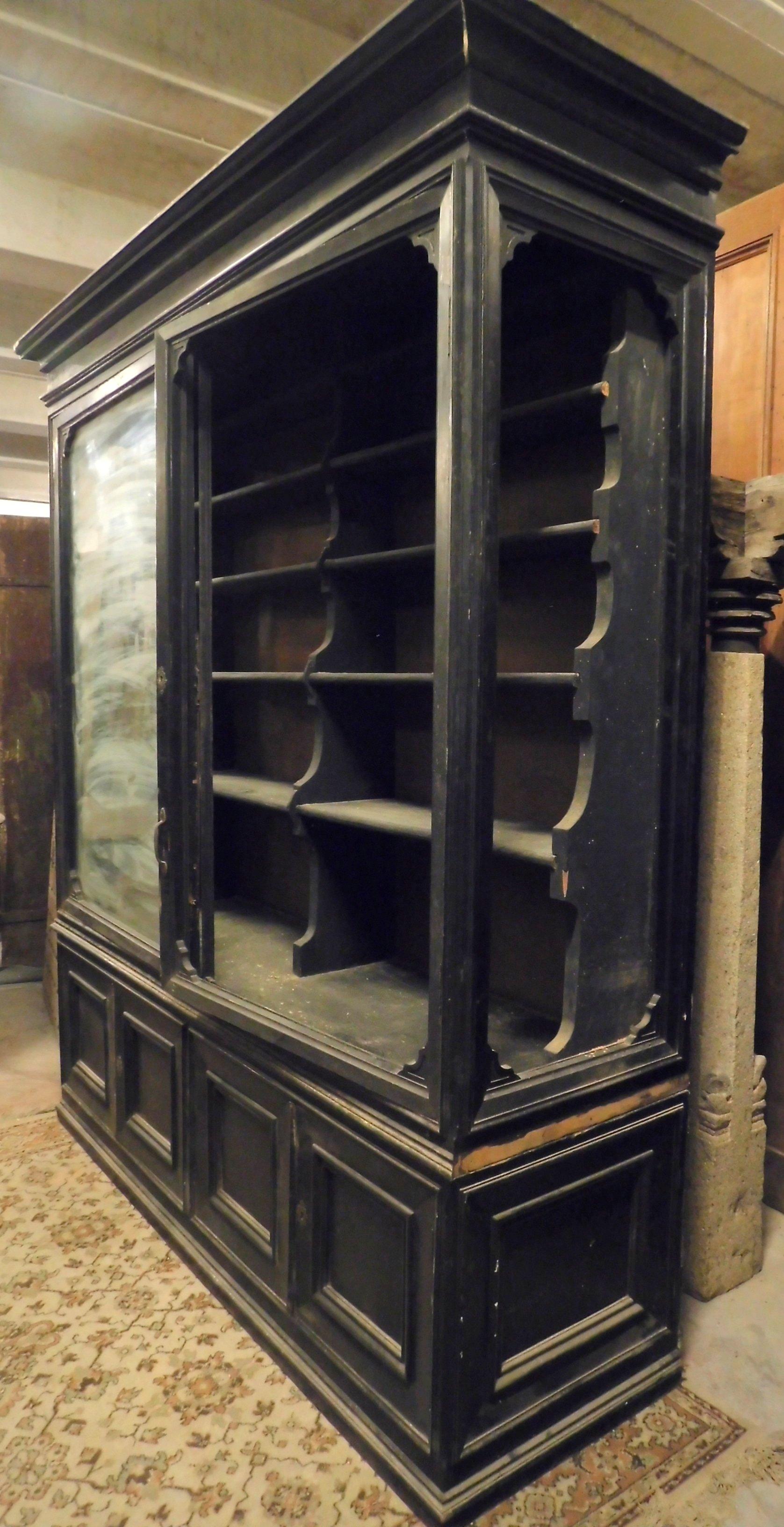 Wood Old Flat Display Cabinet, Lacquered & Glass, to Be Restored, 19th Century, Italy
