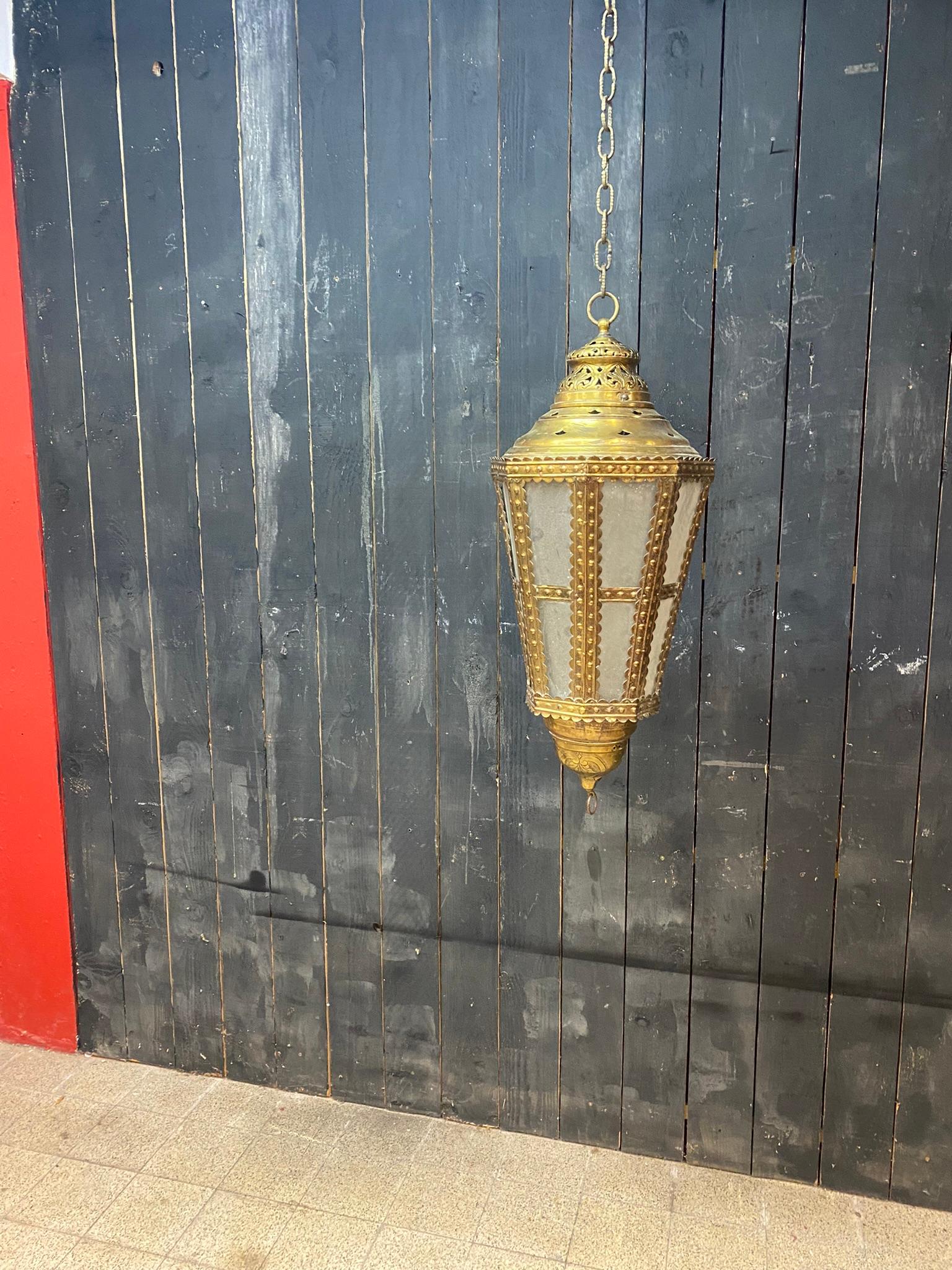 Ancienne lanterne Flemish en cuivre et verre du 18e siècle, non électrifiée en vente 7