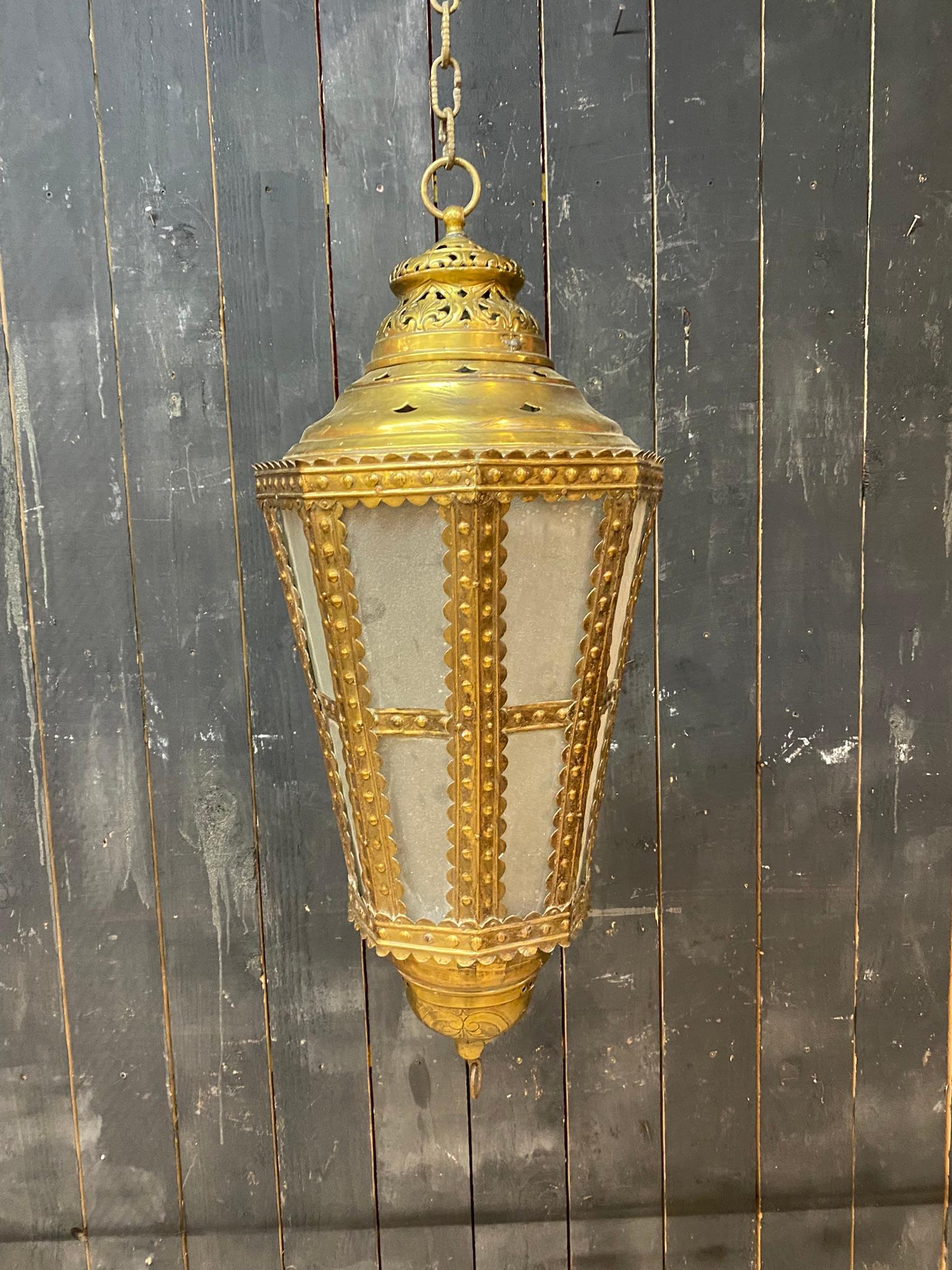 Romantic Old Flemish Lantern in Copper and Glass from the 18th Century, Not Electrified For Sale