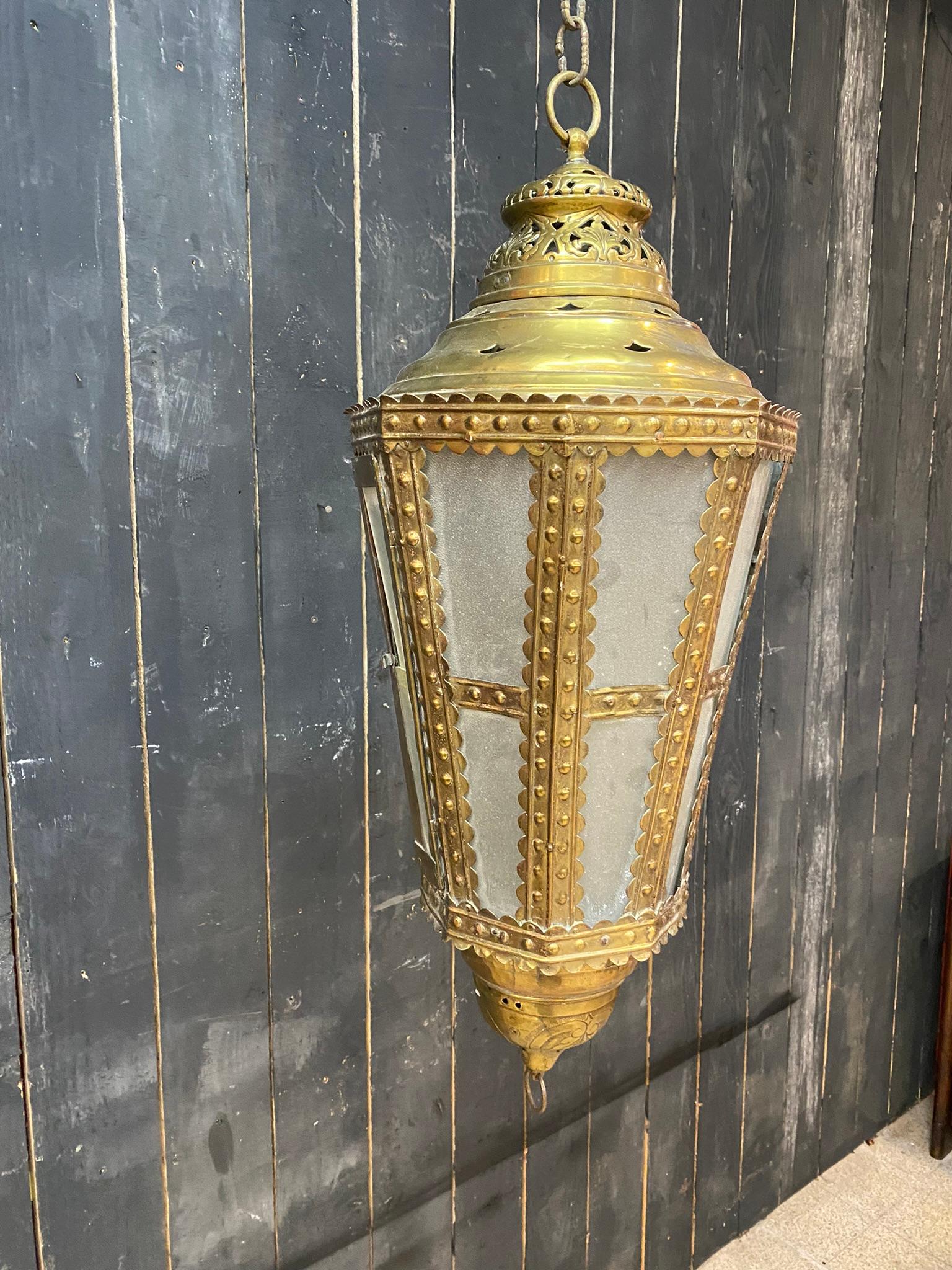 18th Century and Earlier Old Flemish Lantern in Copper and Glass from the 18th Century, Not Electrified For Sale
