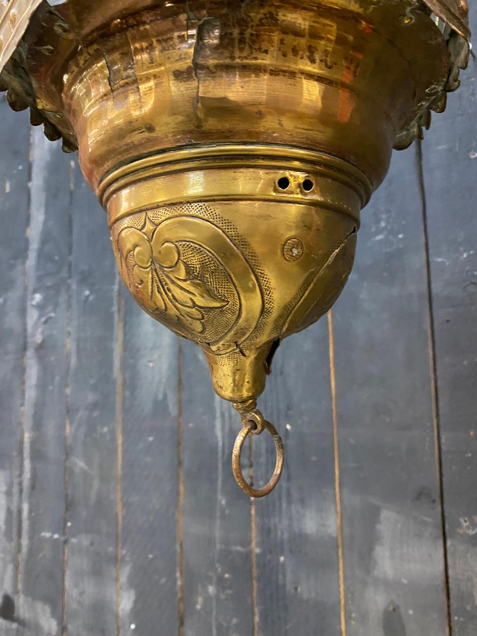 Ancienne lanterne Flemish en cuivre et verre du 18e siècle, non électrifiée en vente 2
