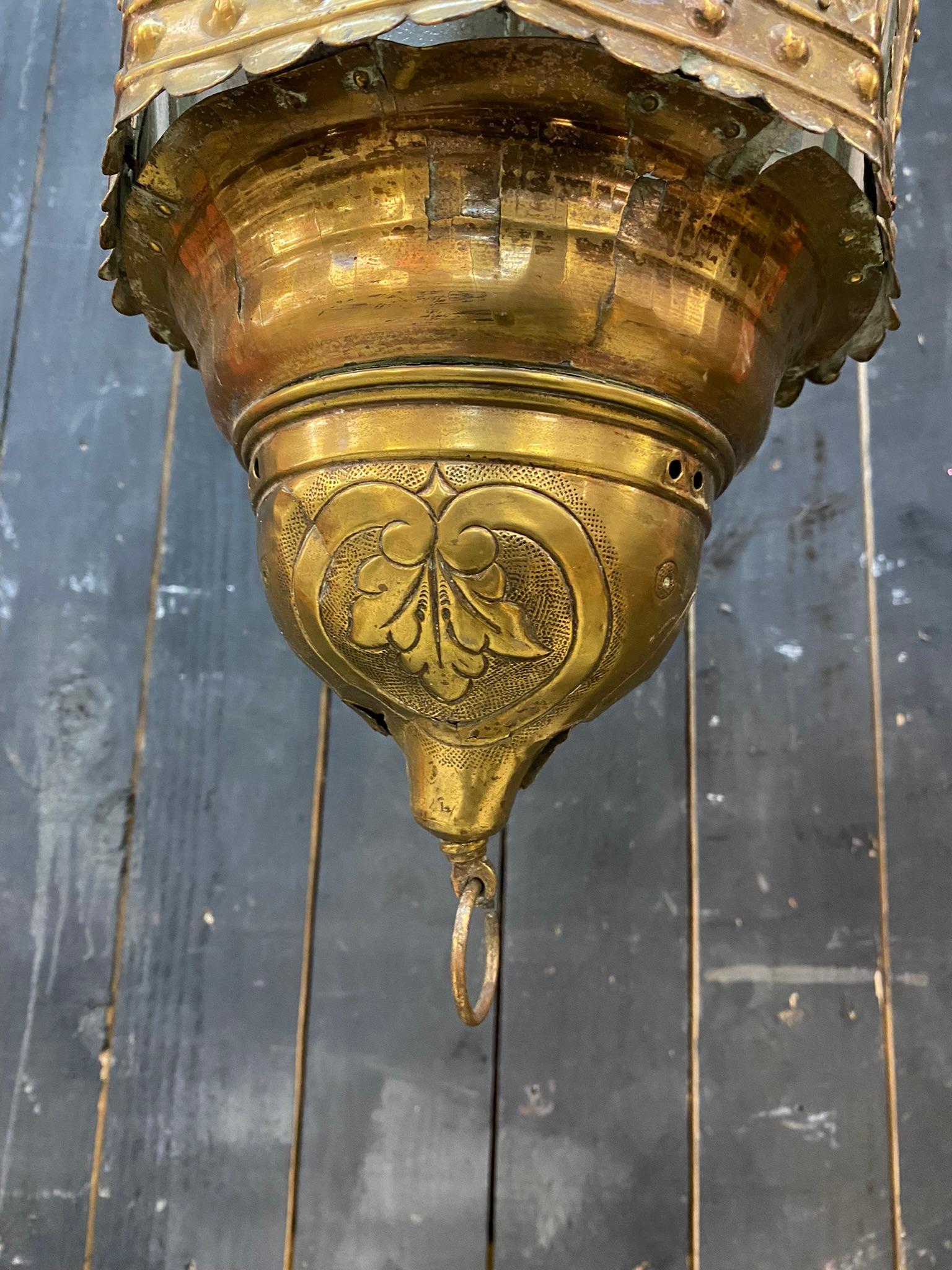 Ancienne lanterne Flemish en cuivre et verre du 18e siècle, non électrifiée en vente 3