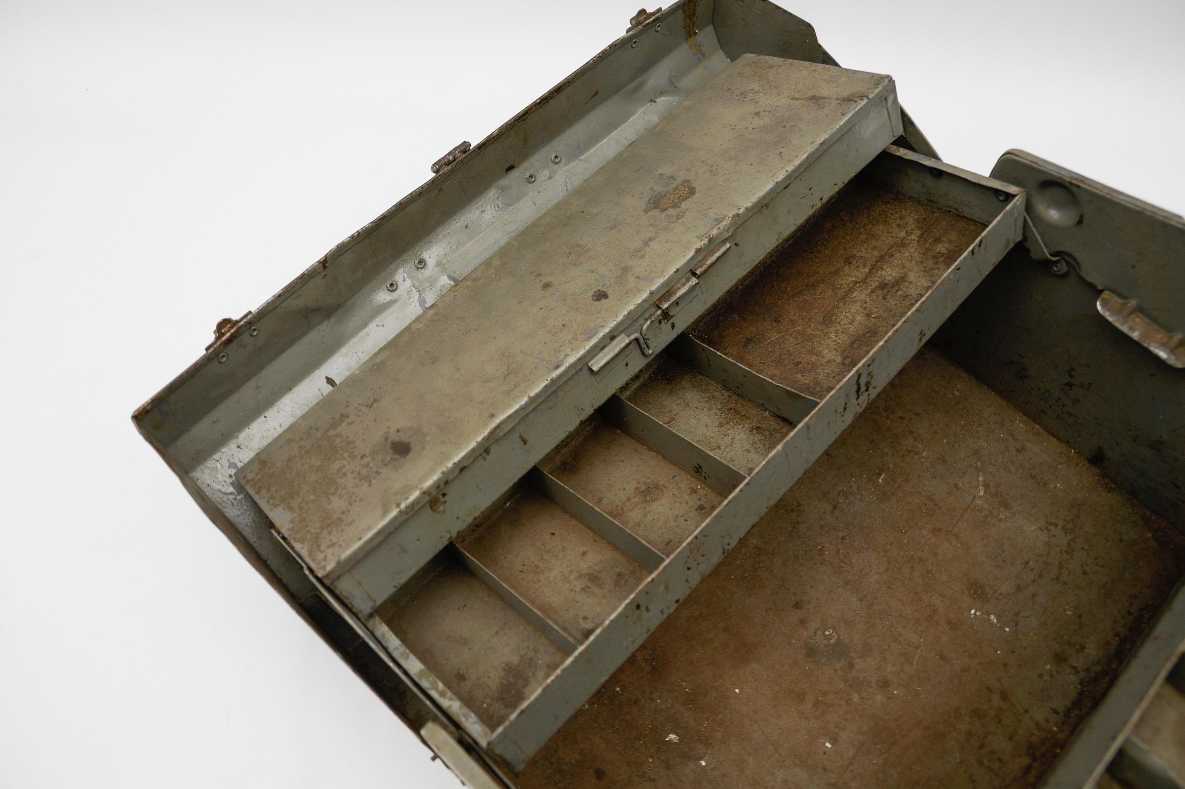 Old fold out military metal tool box WW2, 1940s 1