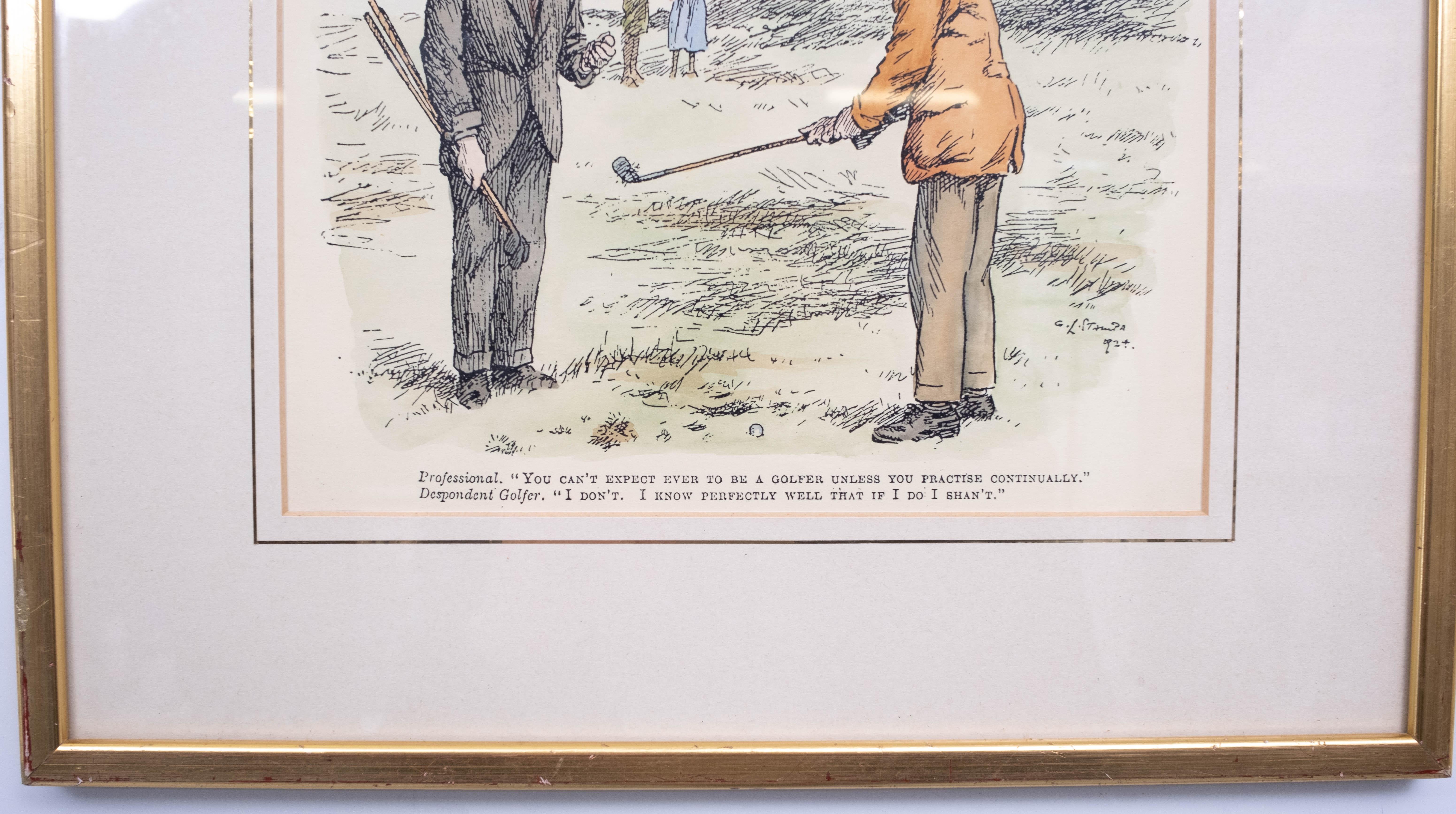 Old framed and glazed signed 1924 G L Stampa golf print hand coloured
Original not a reproduction.

   
