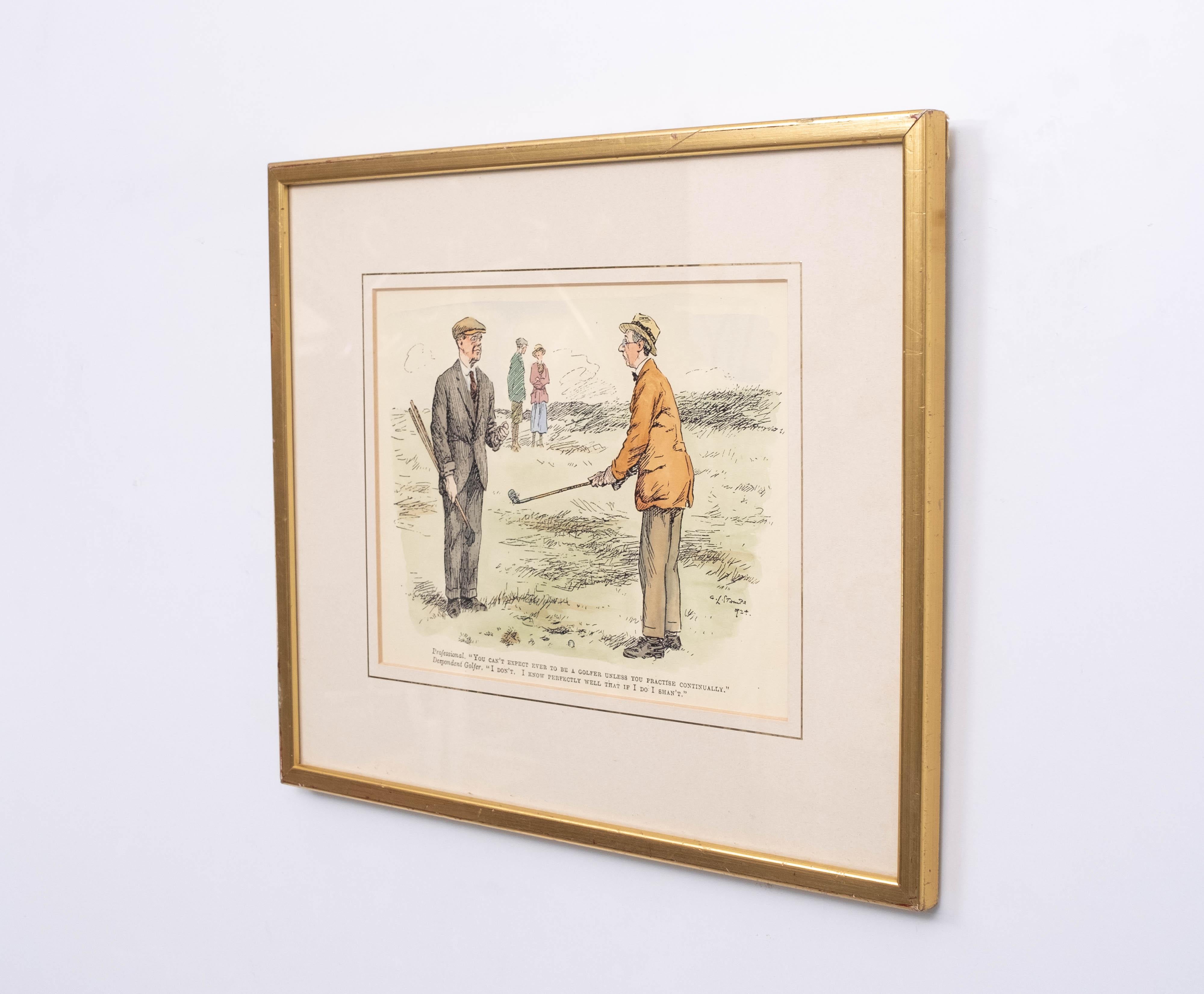 Early 20th Century Old Framed and Glazed 1924 G L Stampa Golf Print Hand Coloured