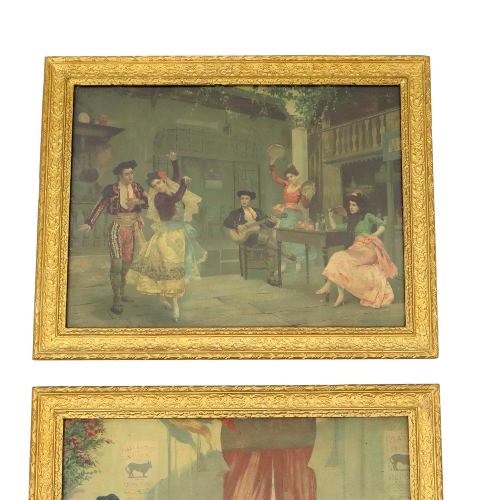 Pareja de grabados antiguos en color, escenas de la ópera Carmen de Bizet, en sus marcos originales de madera dorada de estilo Art Nouveau floral, primera mitad del siglo XX.

Precioso y raro par de grabados, impresos sobre cartulina, en marcos