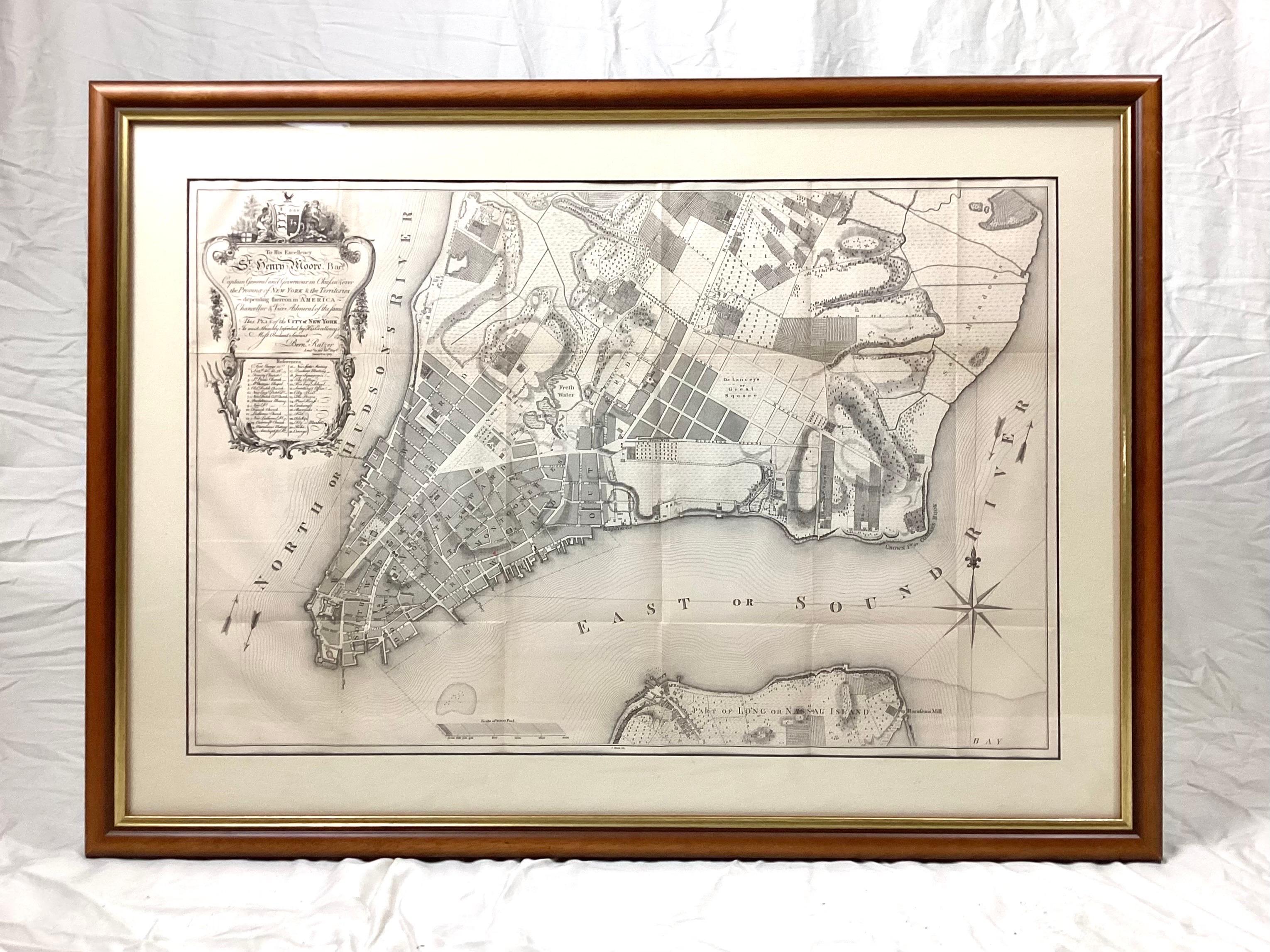 Old framed map of a plan of the City of New York as surveyed in 1767. Published by the Common Council and 
lithographed by George Hayward circa 1800. Reproduced from the original vintage map late 1800s early 1900s. Overall Size 33
