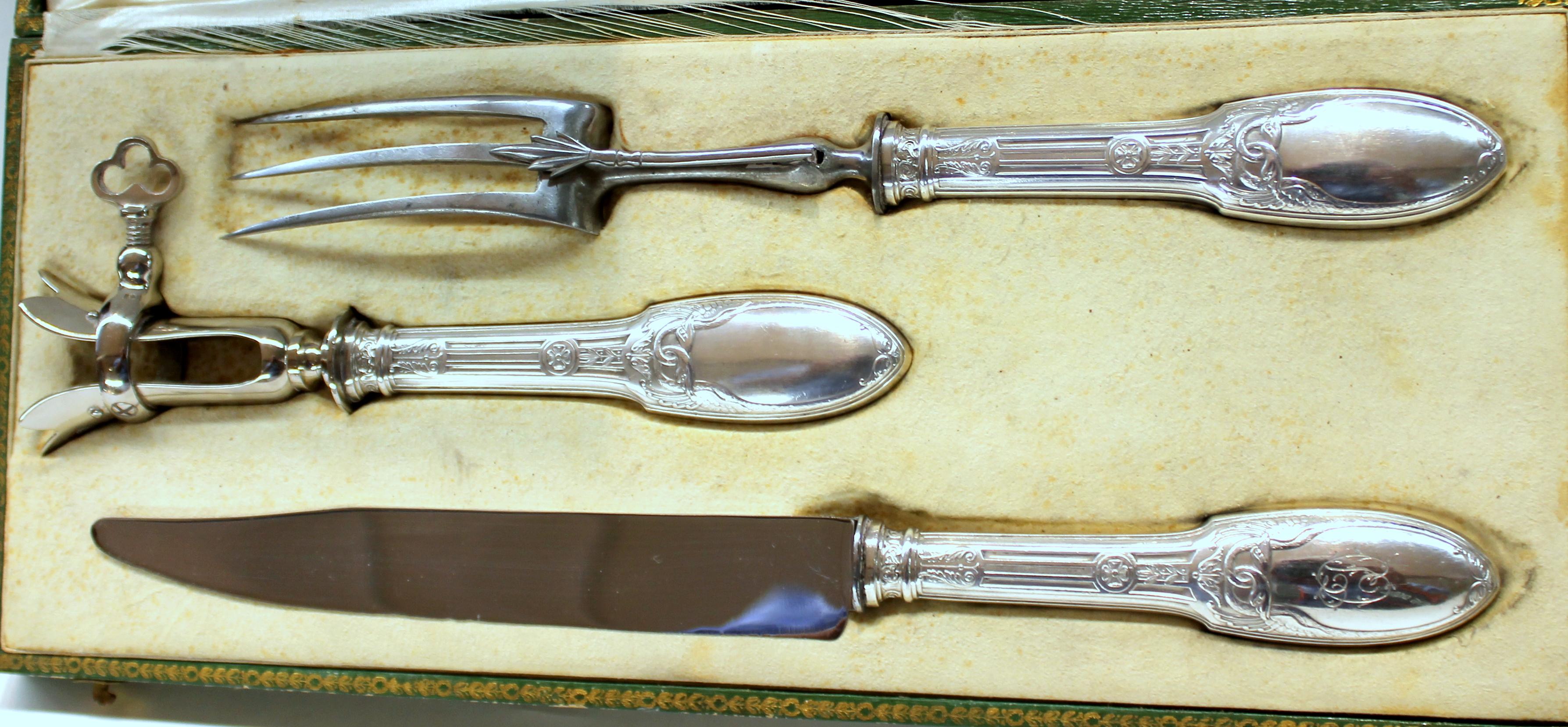 Old French .950 Fine Silver Neoclassical Design 3-Piece Carving Set Original Box In Good Condition For Sale In Charleston, SC