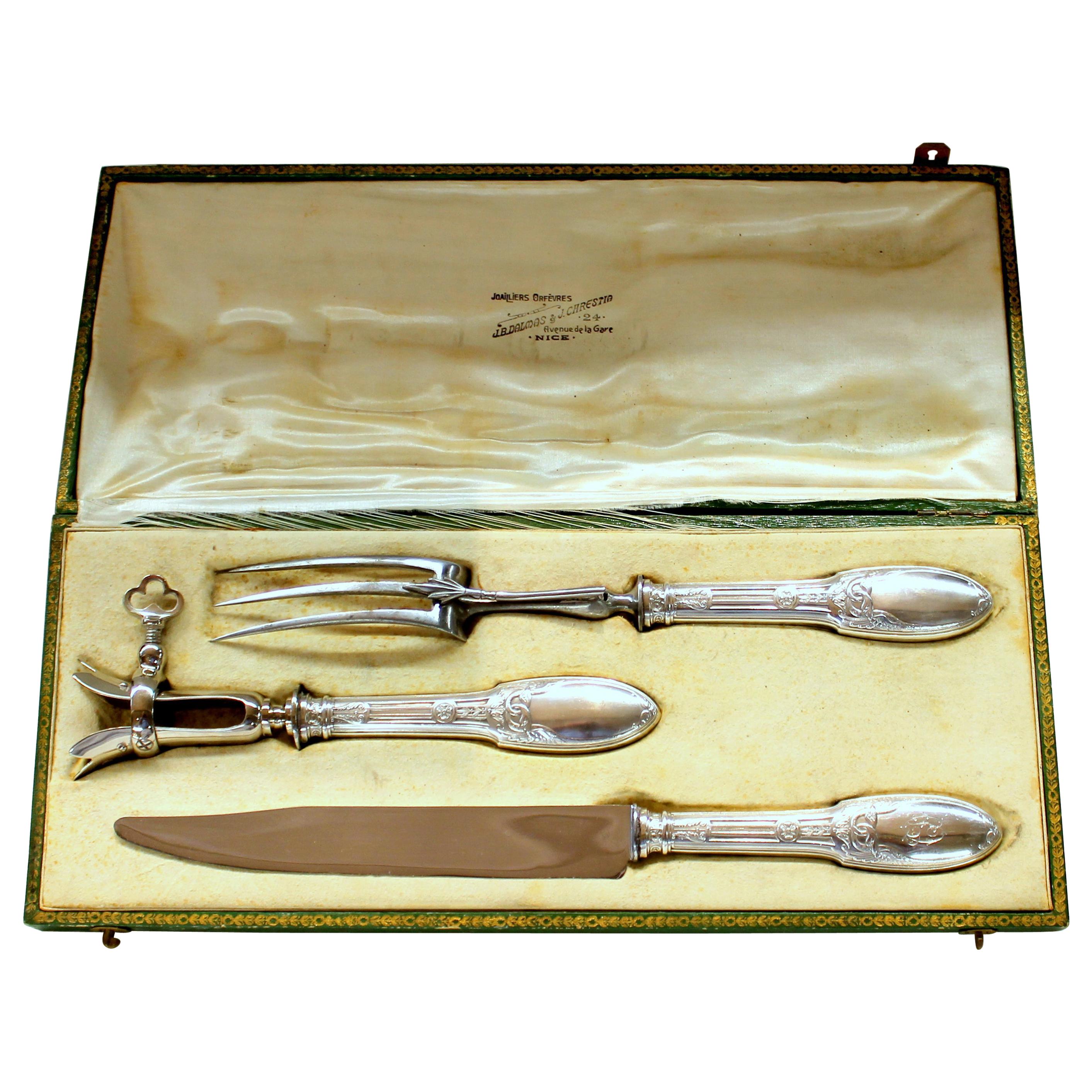 Old French .950 Fine Silver Neoclassical Design 3-Piece Carving Set Original Box For Sale