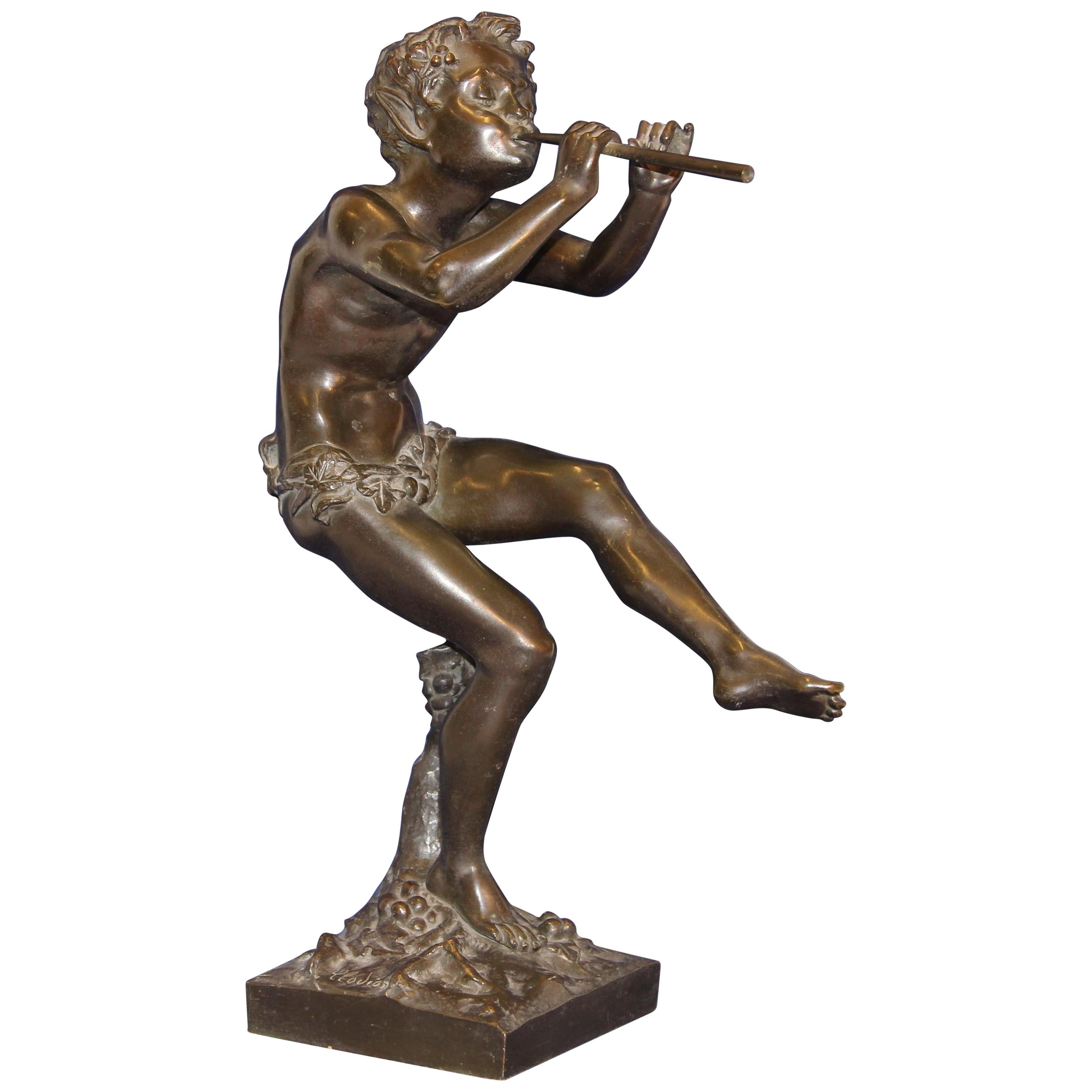 Ancienne sculpture française en bronze d'après Clodion, Jeu de faune mythique