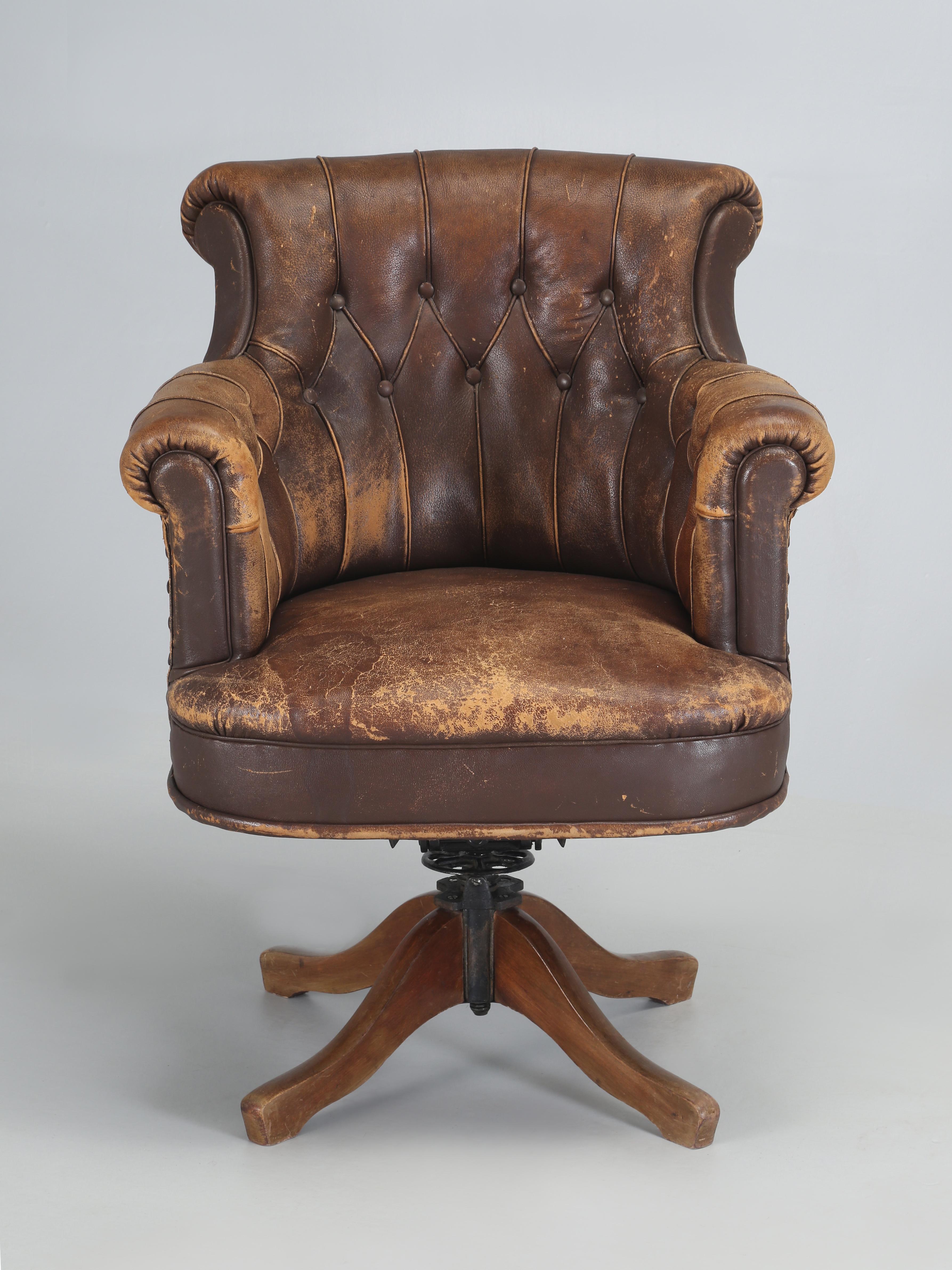 Antique French Leather Desk Chair and of all the items we import from France, one of the most difficult items to find are a nice Old Leather Desk Chair, that no one has tried to restore and make look new. To the best of our knowledge, this Antique